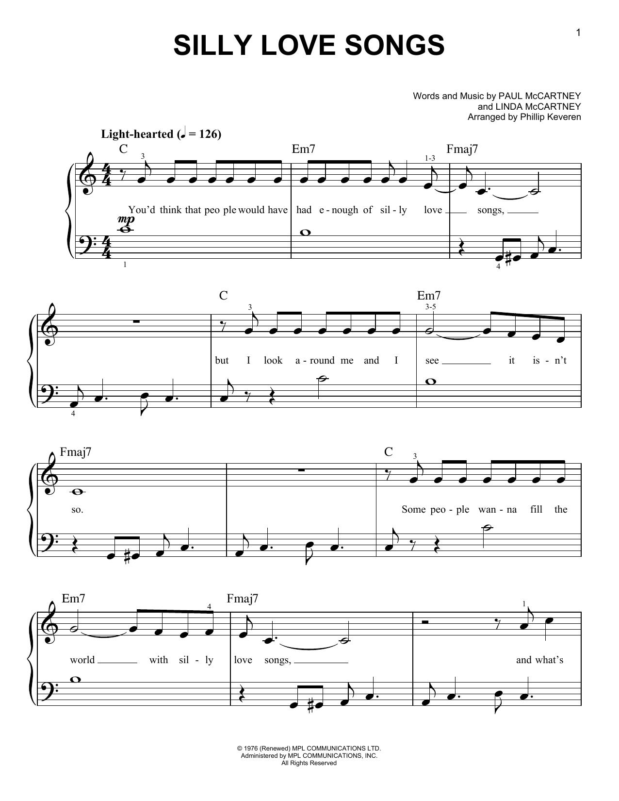 Download Wings Silly Love Songs (arr. Phillip Keveren) Sheet Music and learn how to play Piano Duet PDF digital score in minutes