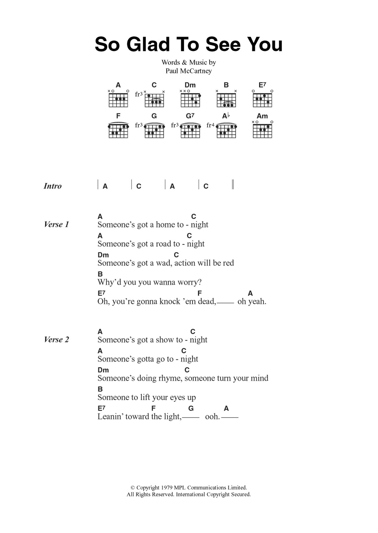 Download Wings So Glad To See You Sheet Music and learn how to play Guitar Chords/Lyrics PDF digital score in minutes