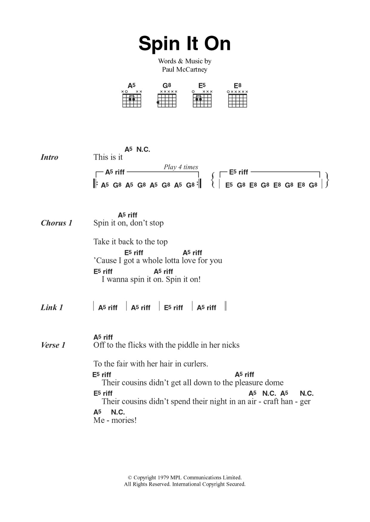 Download Wings Spin It On Sheet Music and learn how to play Guitar Chords/Lyrics PDF digital score in minutes