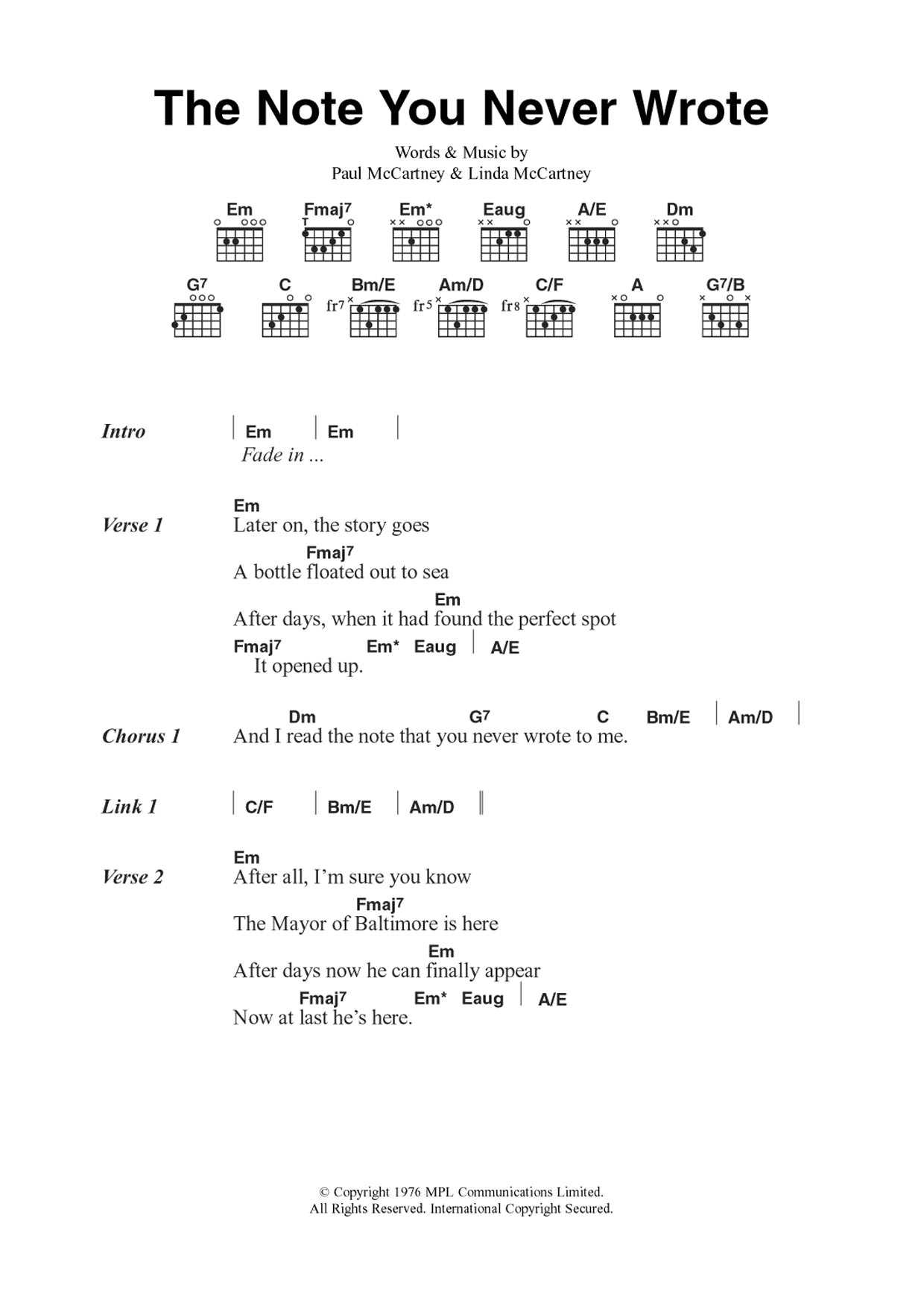 Download Wings The Note You Never Wrote Sheet Music and learn how to play Guitar Chords/Lyrics PDF digital score in minutes