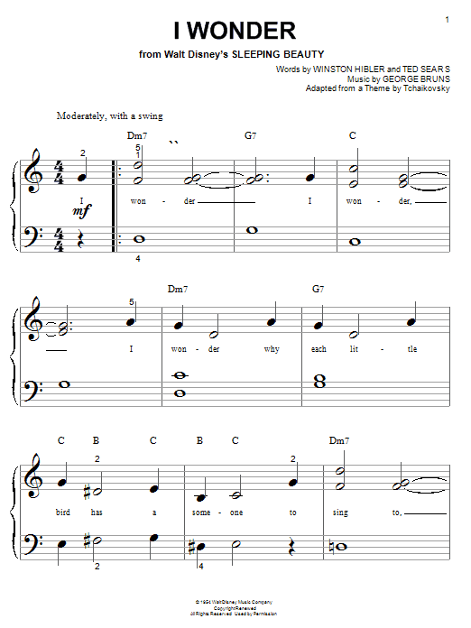 Download Winston Hibler I Wonder Sheet Music and learn how to play Piano (Big Notes) PDF digital score in minutes