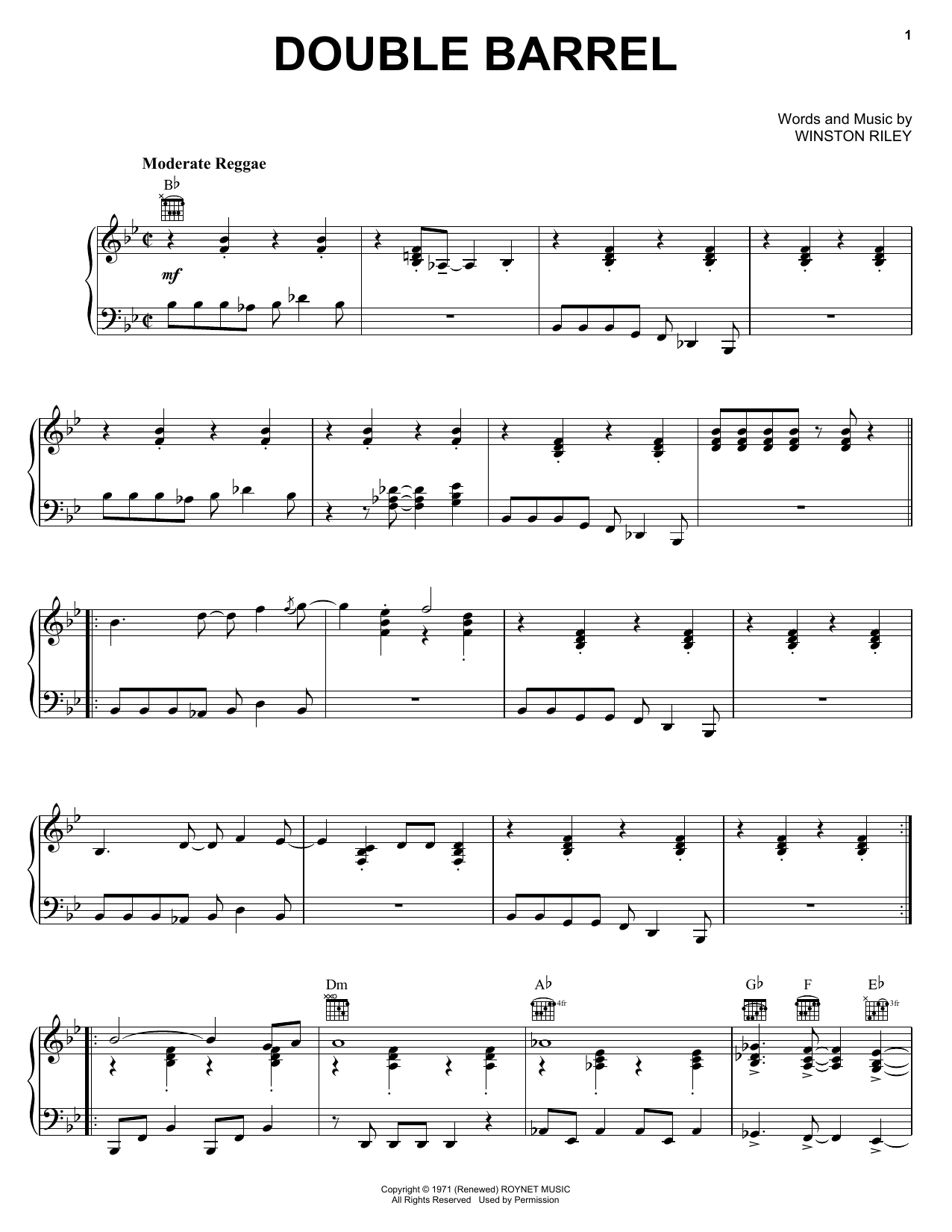 Download Winston Riley Double Barrel Sheet Music and learn how to play Piano, Vocal & Guitar Chords (Right-Hand Melody) PDF digital score in minutes