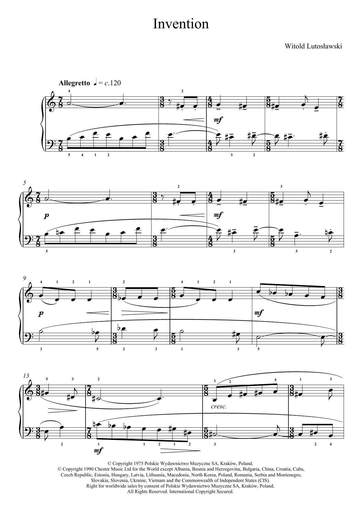 Download Witold Lutoslawski Invention Sheet Music and learn how to play Piano PDF digital score in minutes