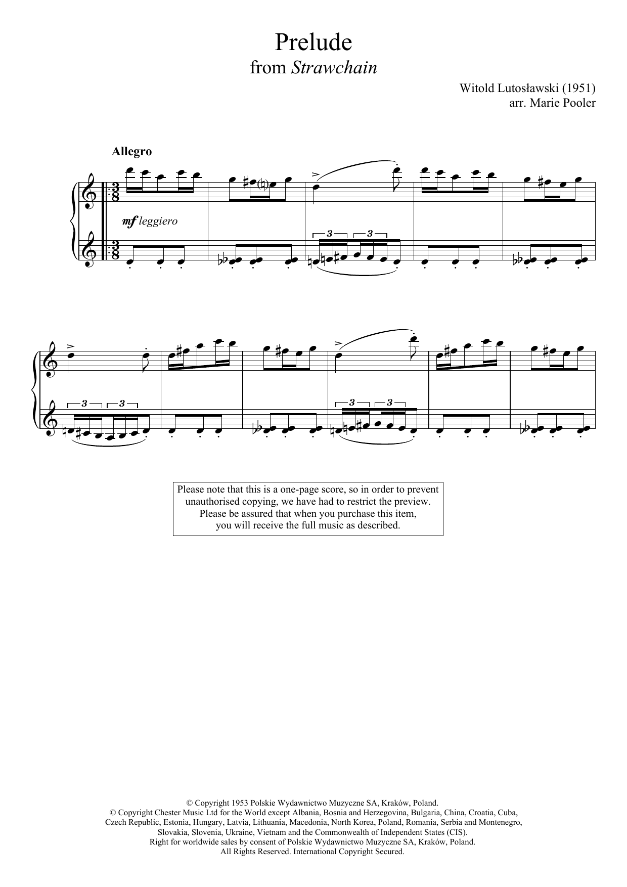 Download Witold Lutoslawski Prelude (from 'Strawchain') Sheet Music and learn how to play Piano PDF digital score in minutes
