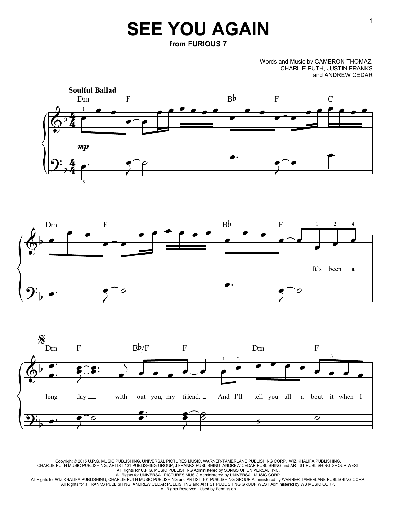 Download Wiz Khalifa feat. Charlie Puth See You Again Sheet Music and learn how to play Flute PDF digital score in minutes