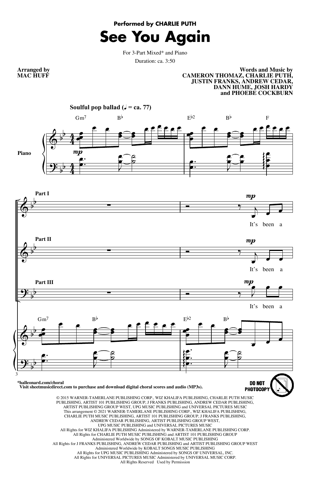 Download Wiz Khalifa See You Again (feat. Charlie Puth) (arr. Mac Huff) Sheet Music and learn how to play 3-Part Mixed Choir PDF digital score in minutes