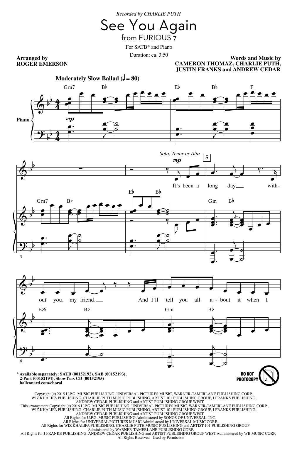 Download Roger Emerson See You Again Sheet Music and learn how to play 2-Part Choir PDF digital score in minutes