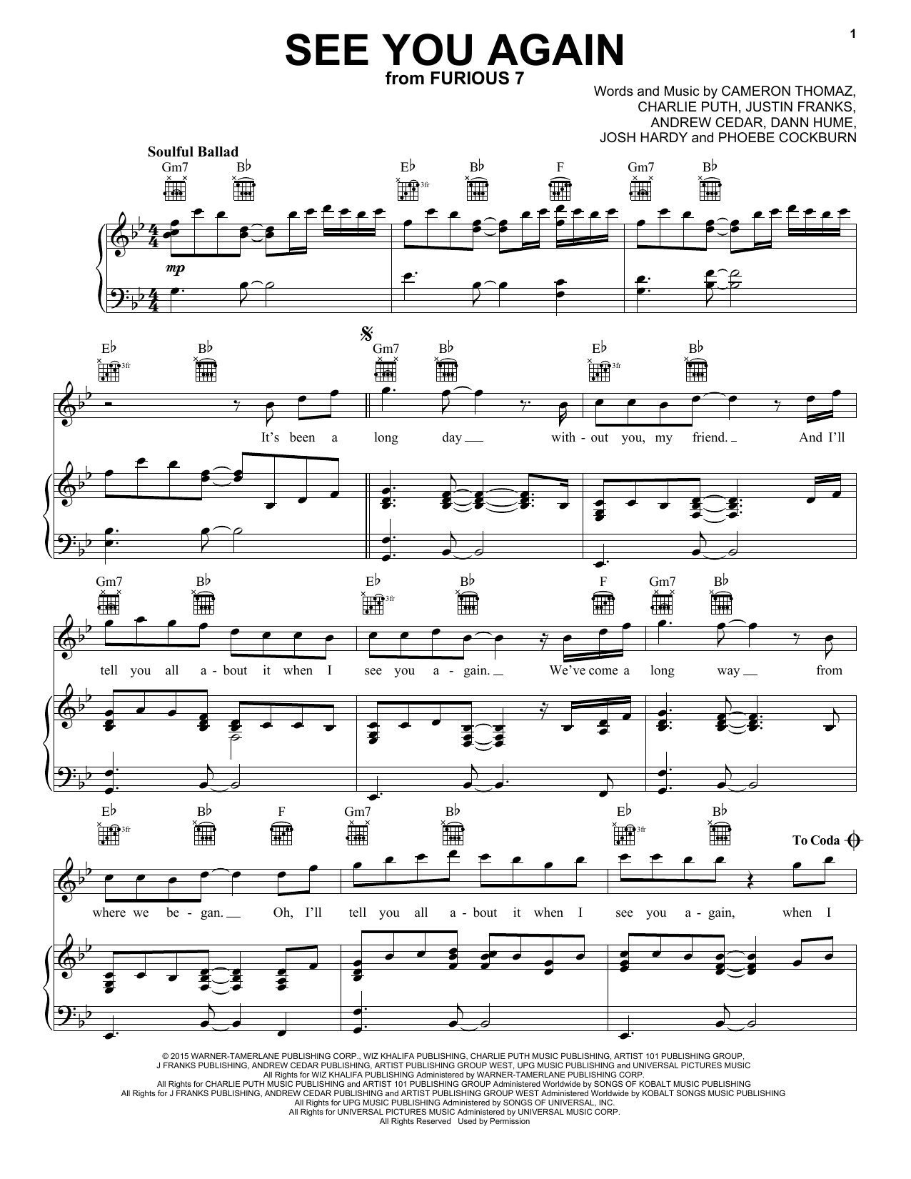 Download Wiz Khalifa feat. Charlie Puth See You Again Sheet Music and learn how to play Piano, Vocal & Guitar (Right-Hand Melody) PDF digital score in minutes