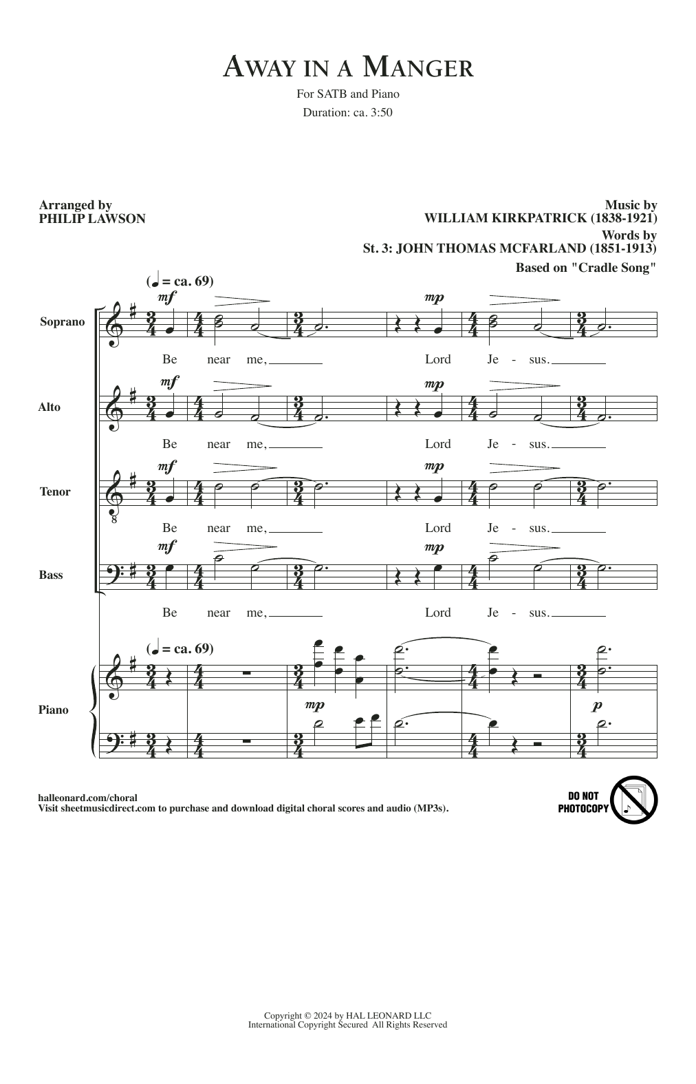 Download W.J. Kirkpatrick Away In A Manger (arr. Philip Lawson) Sheet Music and learn how to play SATB Choir PDF digital score in minutes