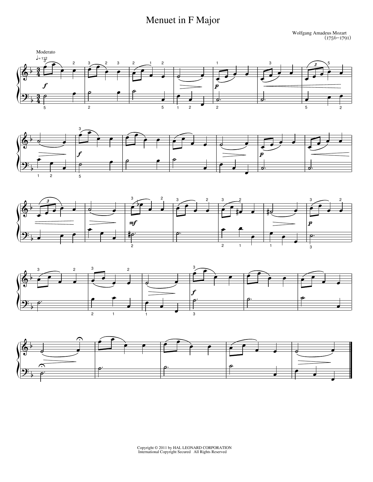 Download Wolfgang A Mozart Menuet In F Sheet Music and learn how to play Easy Piano PDF digital score in minutes