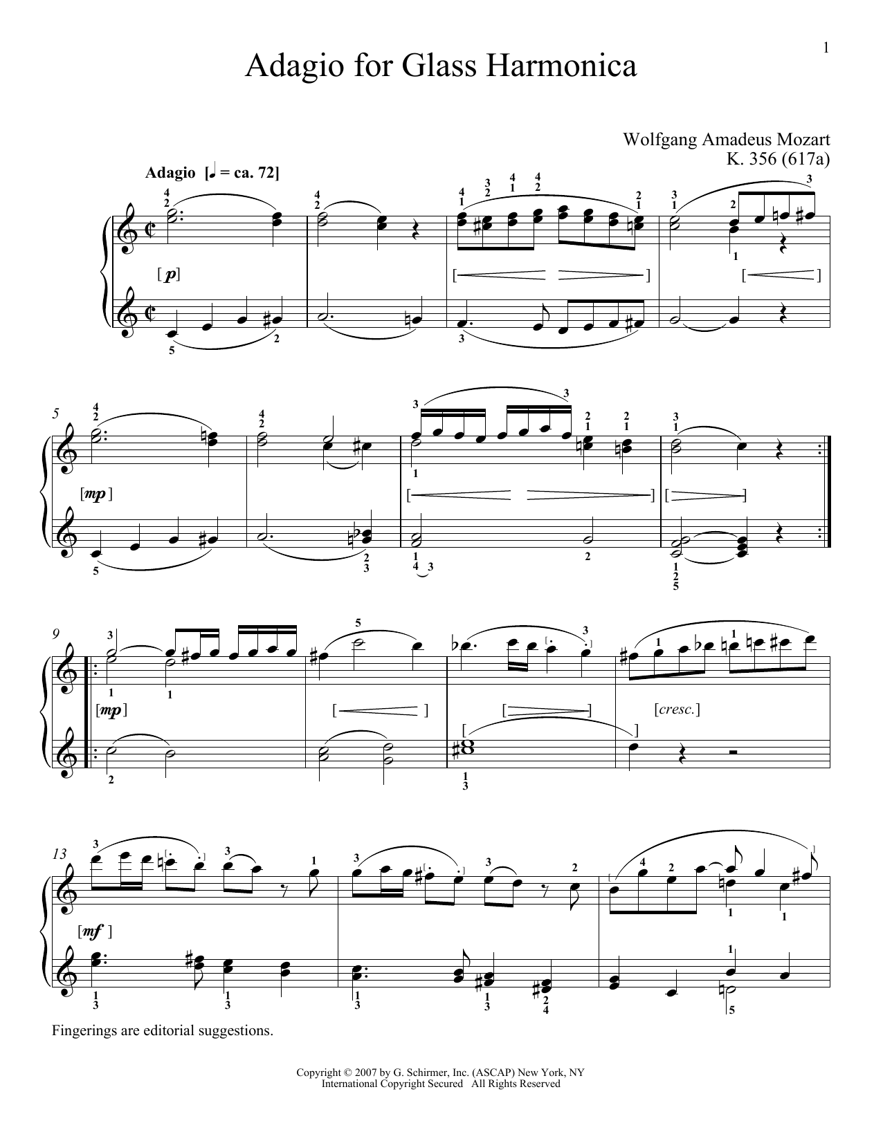Download Wolfgang Amadeus Mozart Adagio For Glass Harmonica, K. 356 (617a) Sheet Music and learn how to play Piano PDF digital score in minutes
