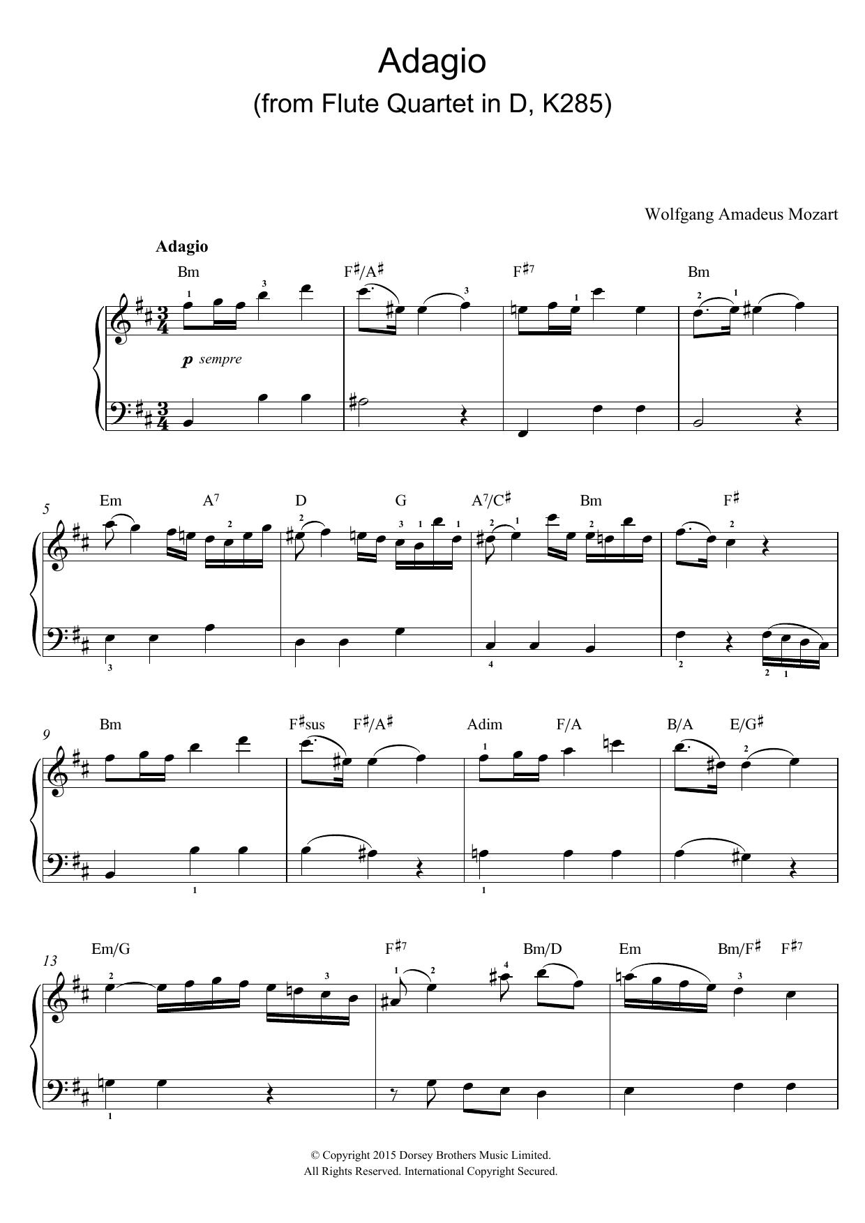 Download Wolfgang Amadeus Mozart Adagio (from Flute Quartet In D, K285) Sheet Music and learn how to play Beginner Piano PDF digital score in minutes
