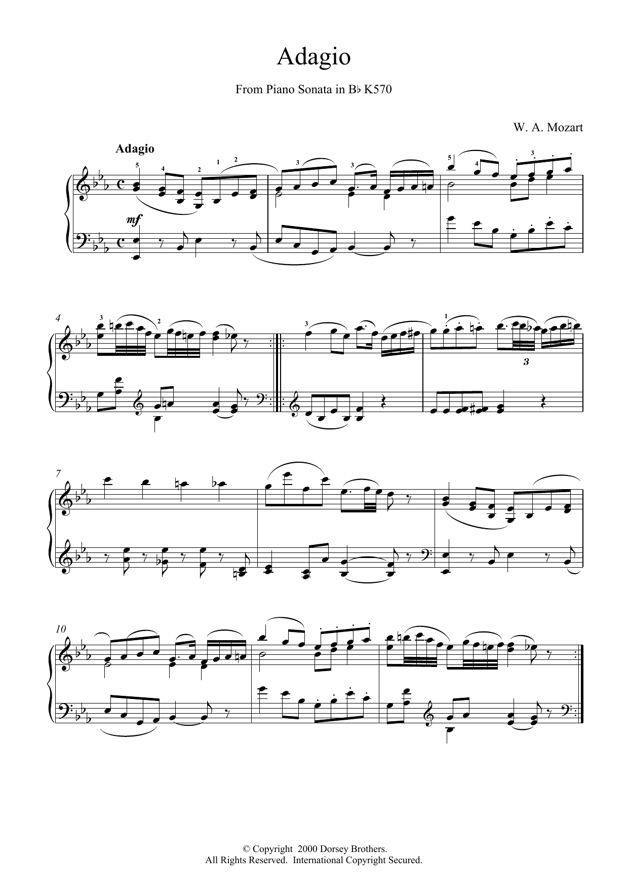 Download Wolfgang Amadeus Mozart Adagio from Piano Sonata in Bb, K570 Sheet Music and learn how to play Piano Solo PDF digital score in minutes