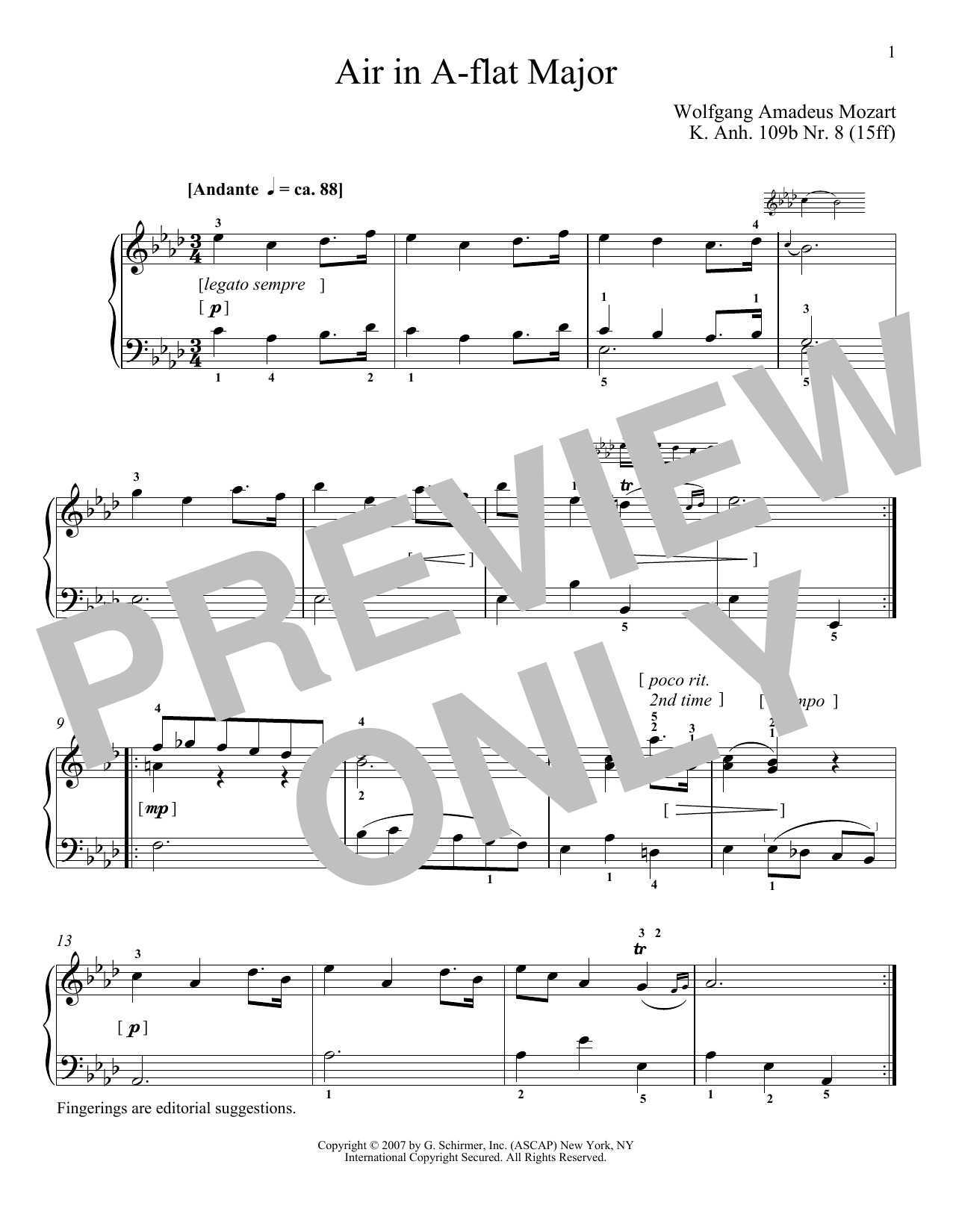 Download Wolfgang Amadeus Mozart Air In A-Flat Major, K109b, No. 8 Sheet Music and learn how to play Piano PDF digital score in minutes