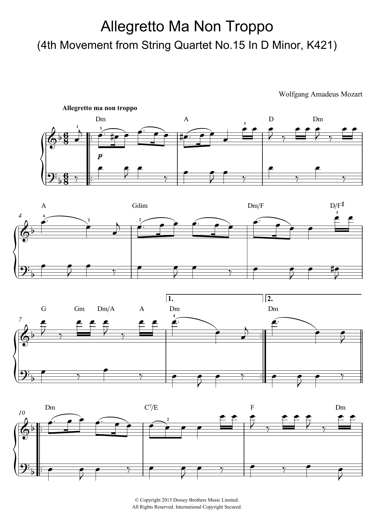 Download Wolfgang Amadeus Mozart Allegretto Ma Non Troppo (4th Movement from String Quartet No.15 In D Minor, K42 Sheet Music and learn how to play Beginner Piano PDF digital score in minutes