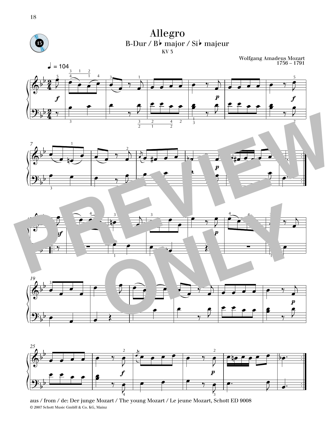 Download Wolfgang Amadeus Mozart Allegro B-flat major Sheet Music and learn how to play Piano Solo PDF digital score in minutes