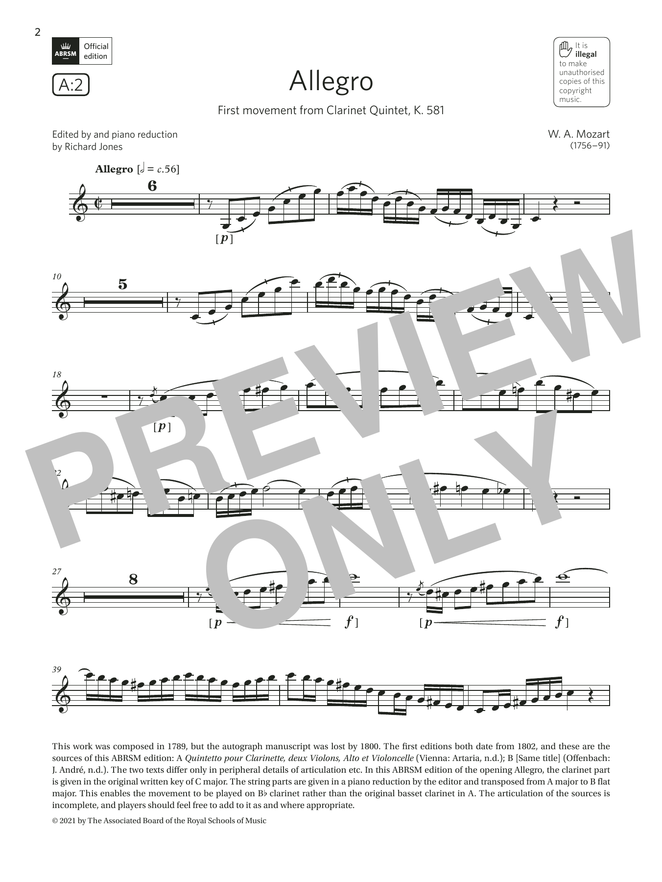 Download Wolfgang Amadeus Mozart Allegro (from Clarinet Quintet, K.581) (Grade 7 List A2 from the ABRSM Clarinet Sheet Music and learn how to play Clarinet Solo PDF digital score in minutes