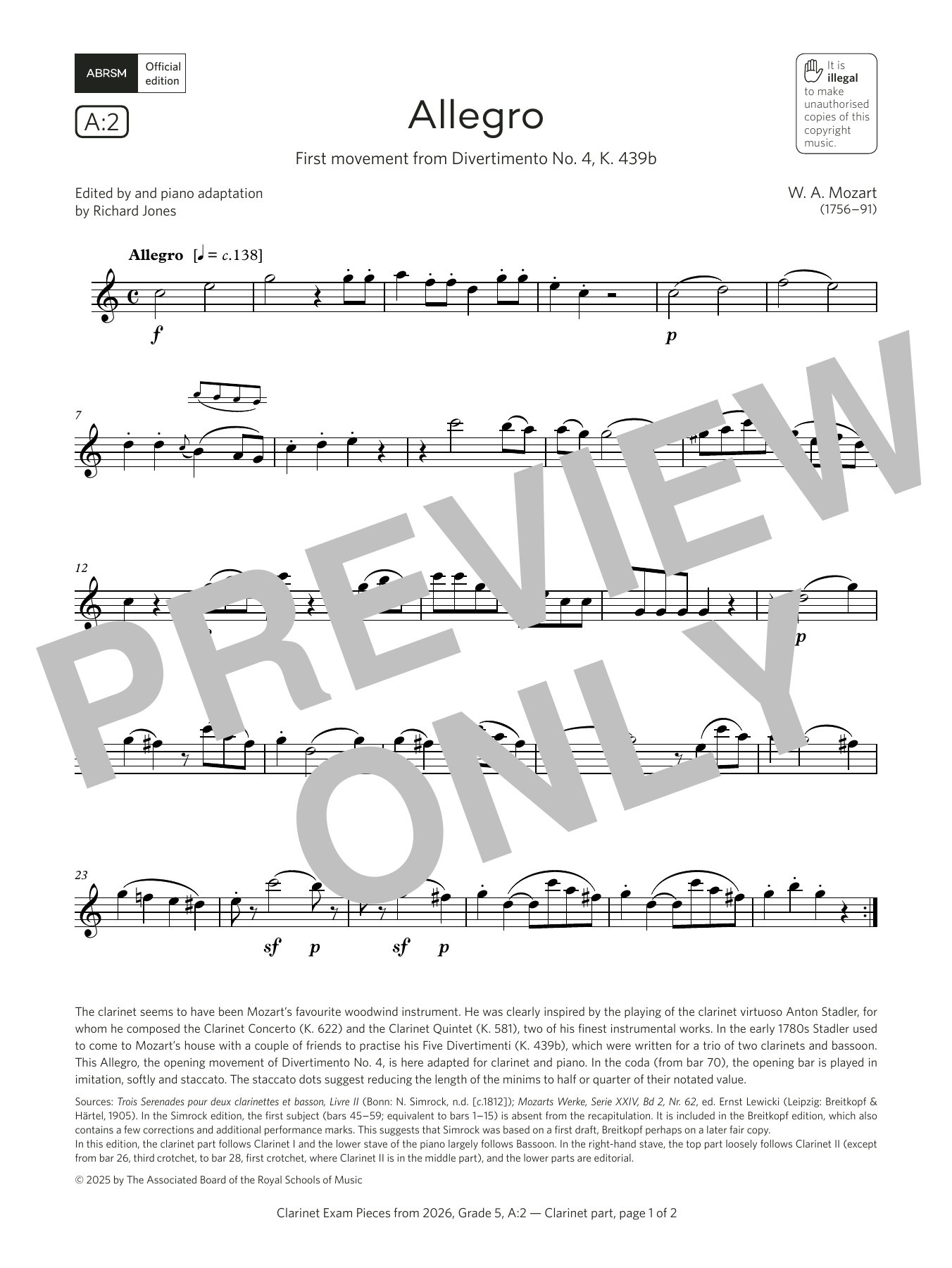 Download Wolfgang Amadeus Mozart Allegro (Grade 5, list A2, from the ABRSM Clarinet Syllabus from 2026) Sheet Music and learn how to play Clarinet Solo PDF digital score in minutes