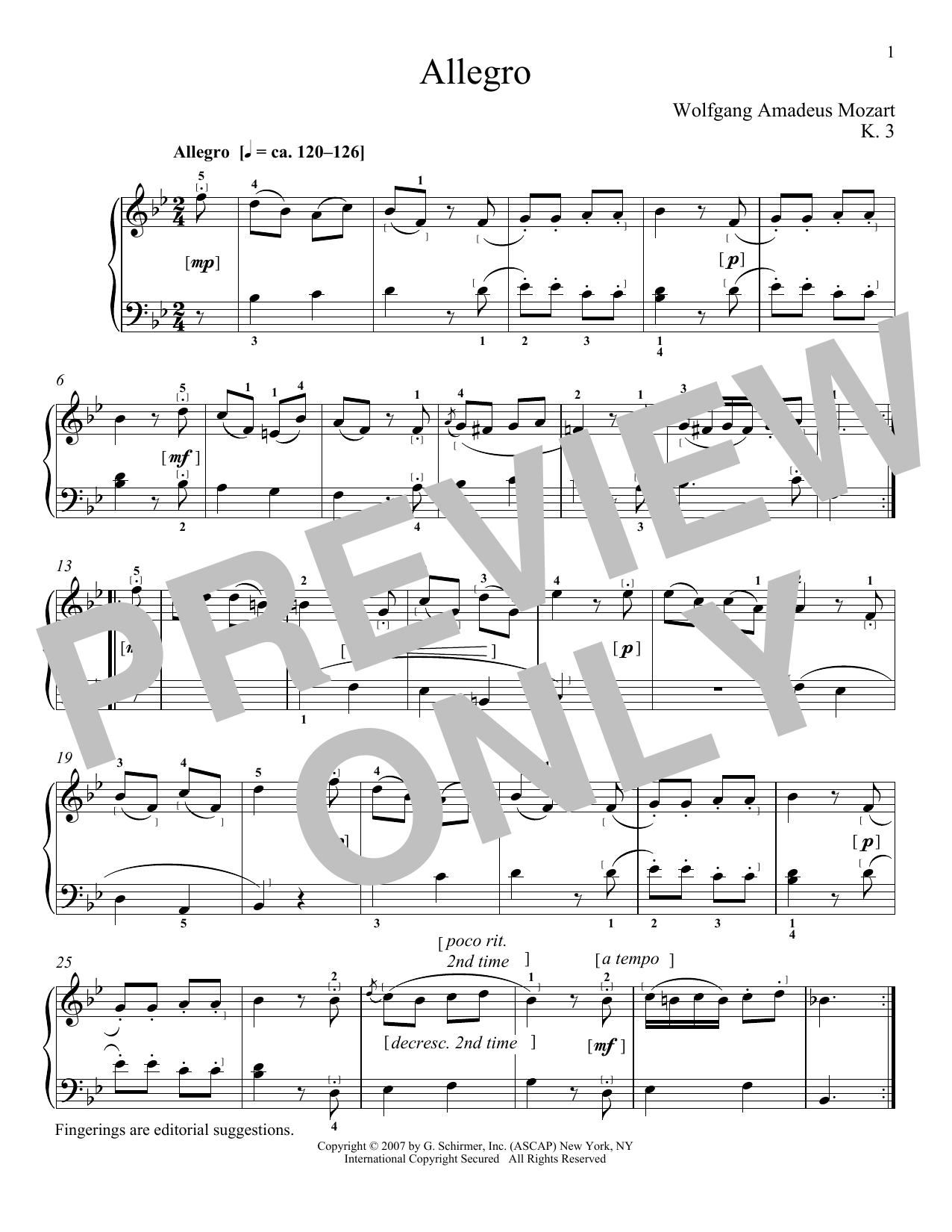 Download Wolfgang Amadeus Mozart Allegro In B Flat Major, K. 3 Sheet Music and learn how to play Piano PDF digital score in minutes
