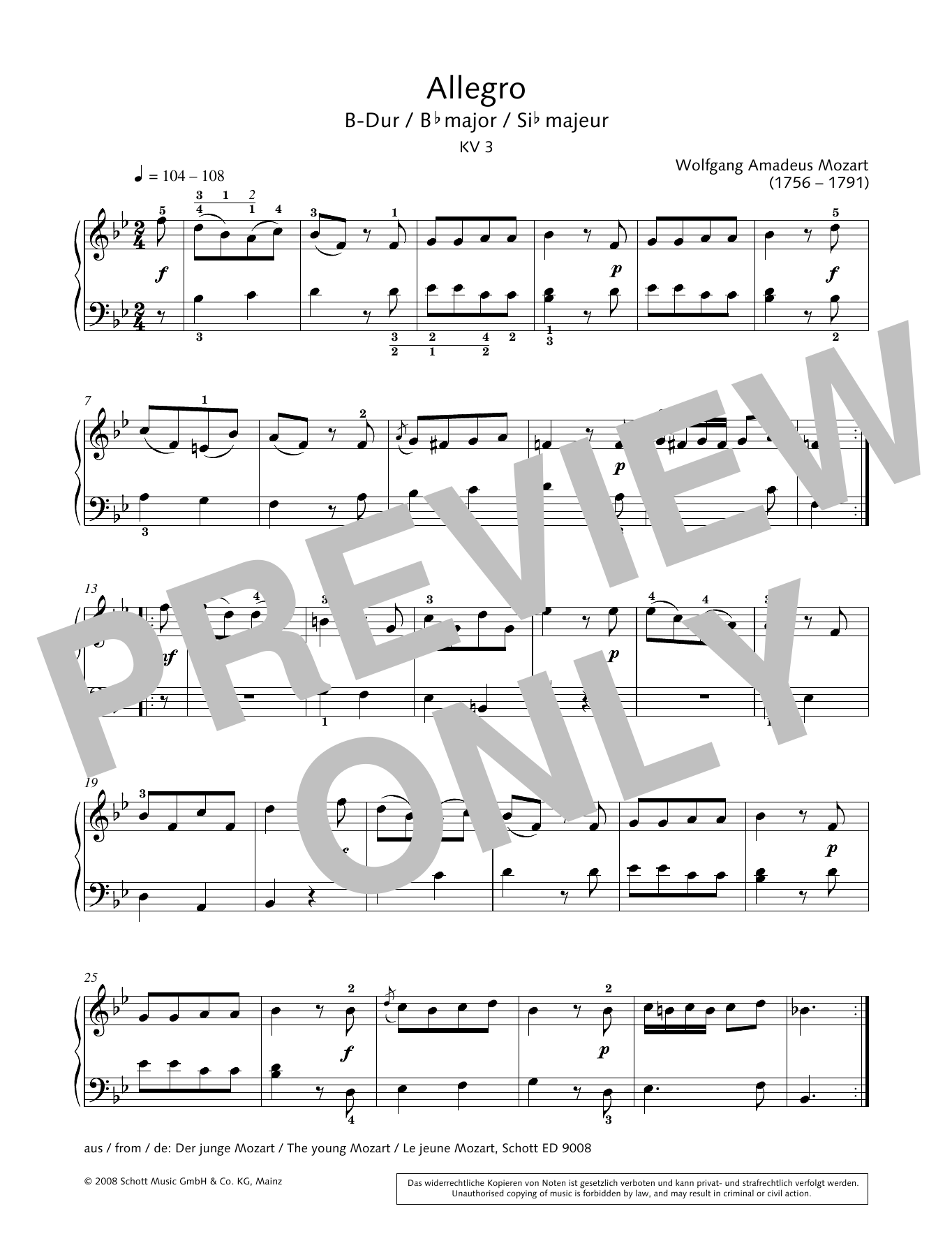 Download Wolfgang Amadeus Mozart Allegro in B-flat major Sheet Music and learn how to play Piano Solo PDF digital score in minutes