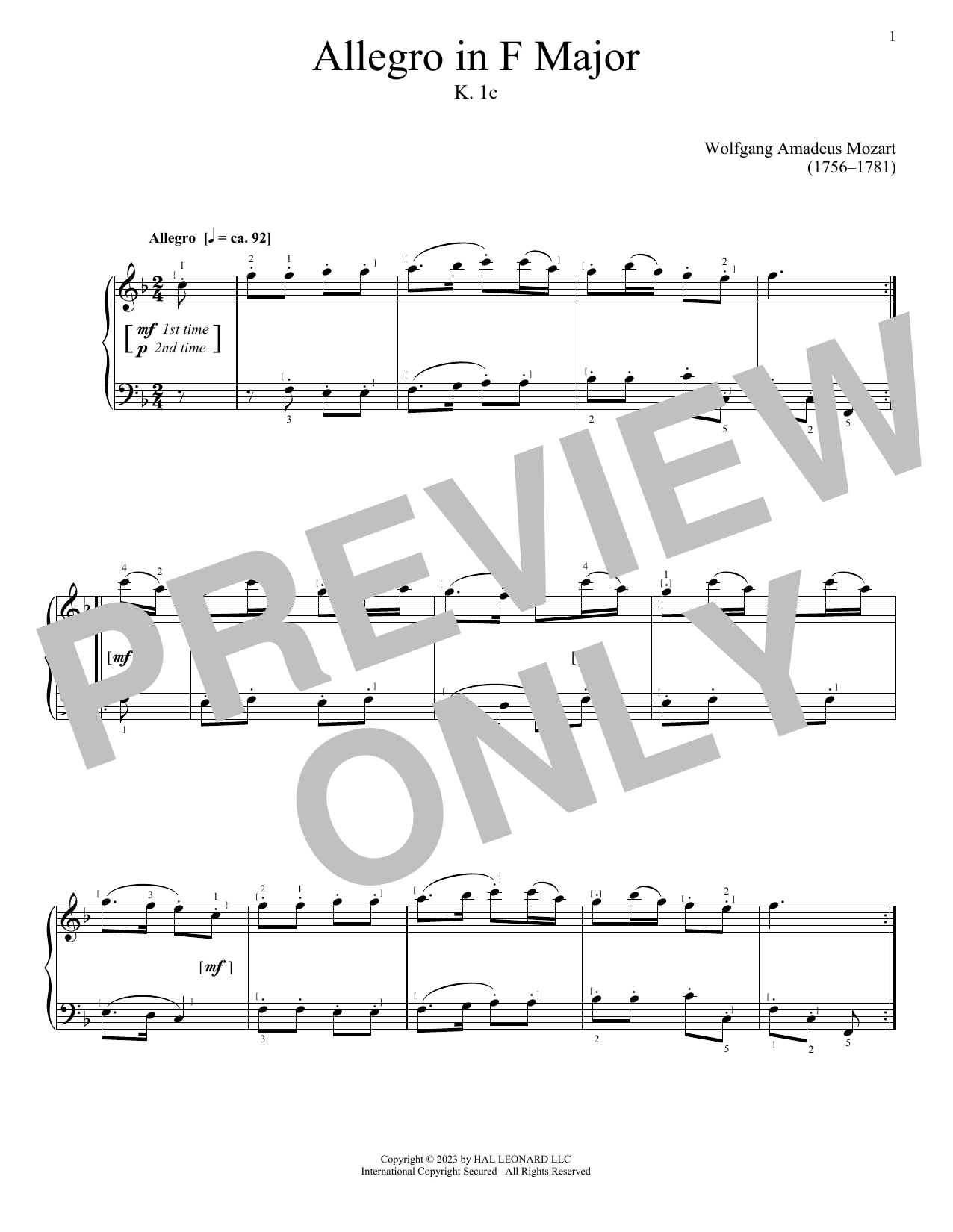 Download Wolfgang Amadeus Mozart Allegro in F Major, K. 1c Sheet Music and learn how to play Piano Solo PDF digital score in minutes