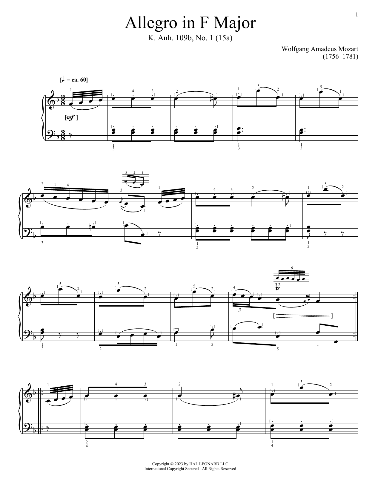 Download Wolfgang Amadeus Mozart Allegro in F Major, K. Anh. 109, No. 1 (15a) Sheet Music and learn how to play Piano Solo PDF digital score in minutes