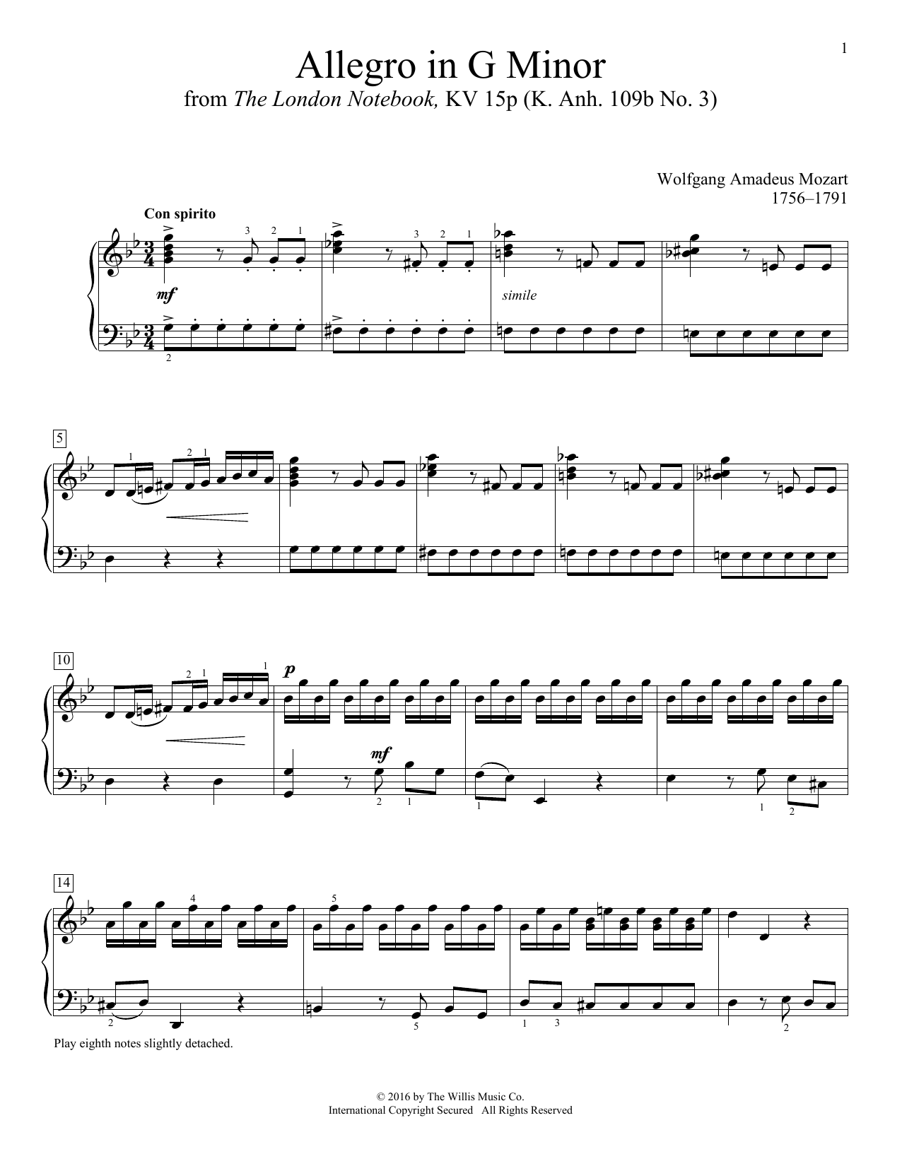 Download Wolfgang Amadeus Mozart Allegro In G Minor Sheet Music and learn how to play Educational Piano PDF digital score in minutes
