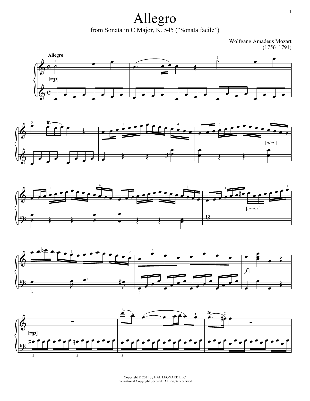 Download Wolfgang Amadeus Mozart Allegro, K. 545 Sheet Music and learn how to play Piano Solo PDF digital score in minutes