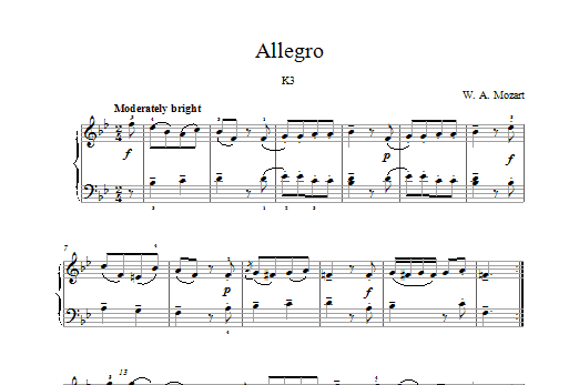 Download Wolfgang Amadeus Mozart Allegro K3 Sheet Music and learn how to play Beginner Piano PDF digital score in minutes