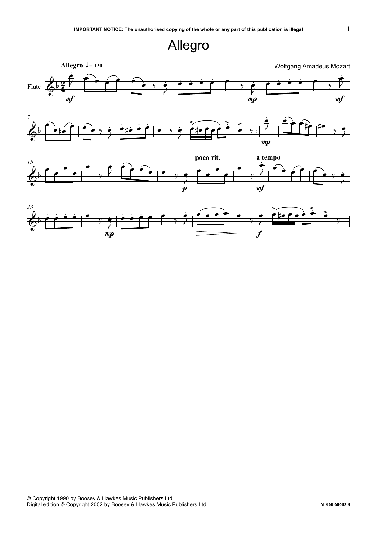 Download Wolfgang Amadeus Mozart Allegro Sheet Music and learn how to play Woodwind Solo PDF digital score in minutes