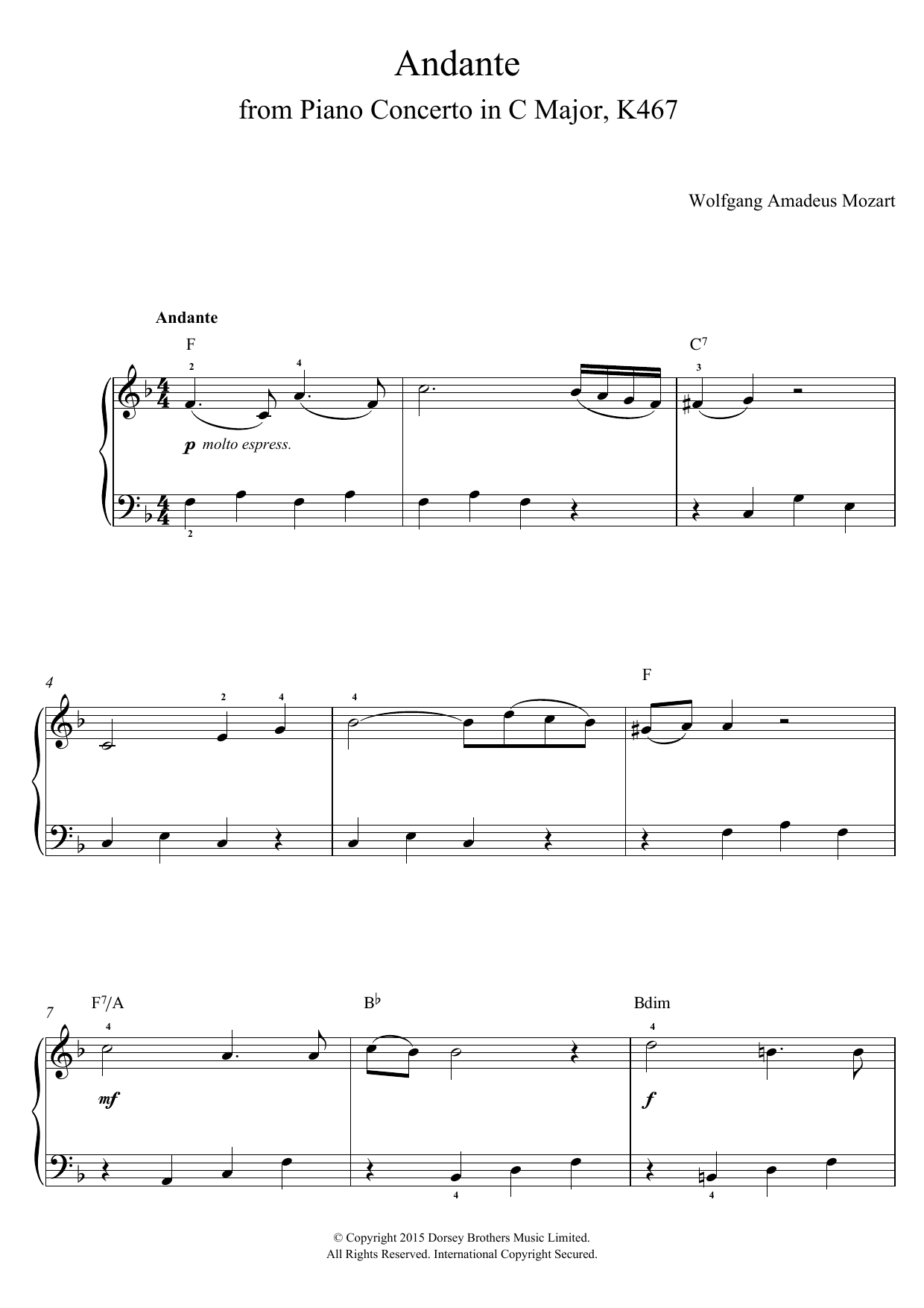 Download Wolfgang Amadeus Mozart Andante from Piano Concerto in C Major (Elvira Madigan) K467 Sheet Music and learn how to play Beginner Piano PDF digital score in minutes