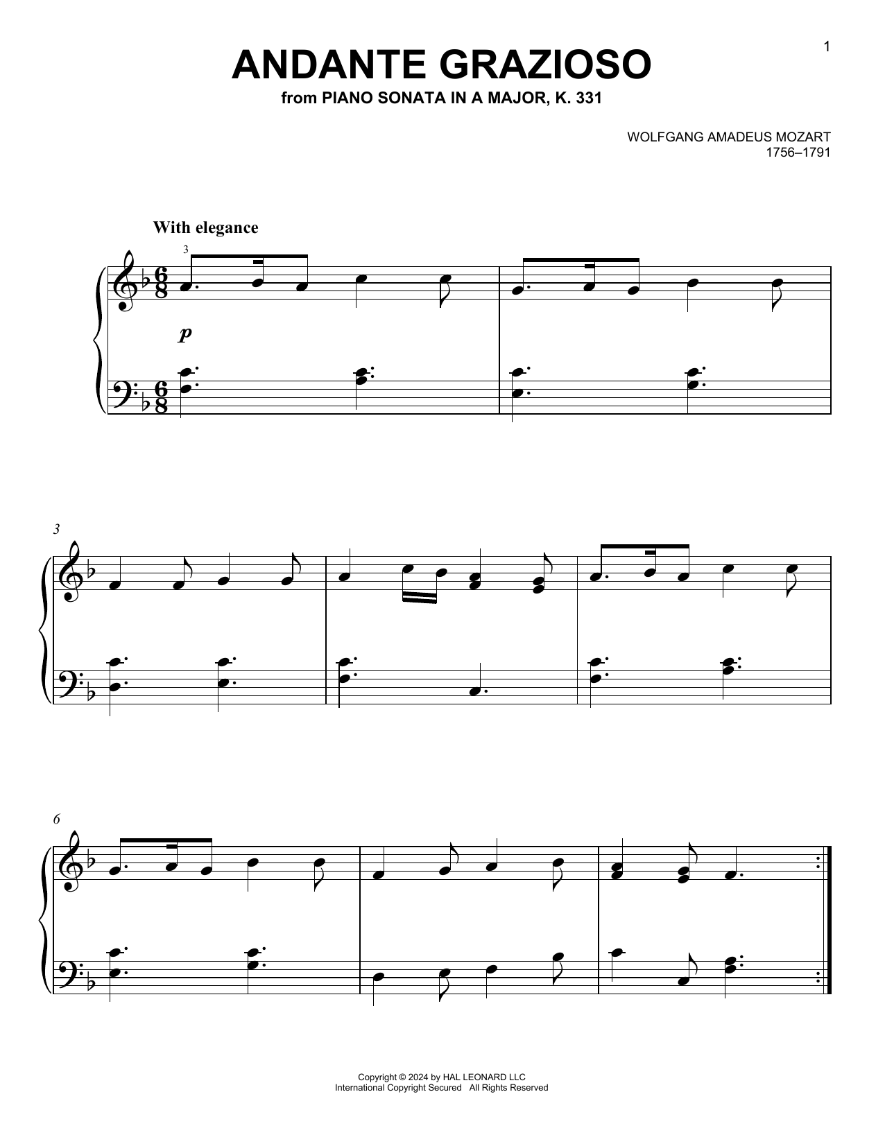 Download Wolfgang Amadeus Mozart Andante Grazioso, K. 331 (Theme) Sheet Music and learn how to play Really Easy Piano PDF digital score in minutes