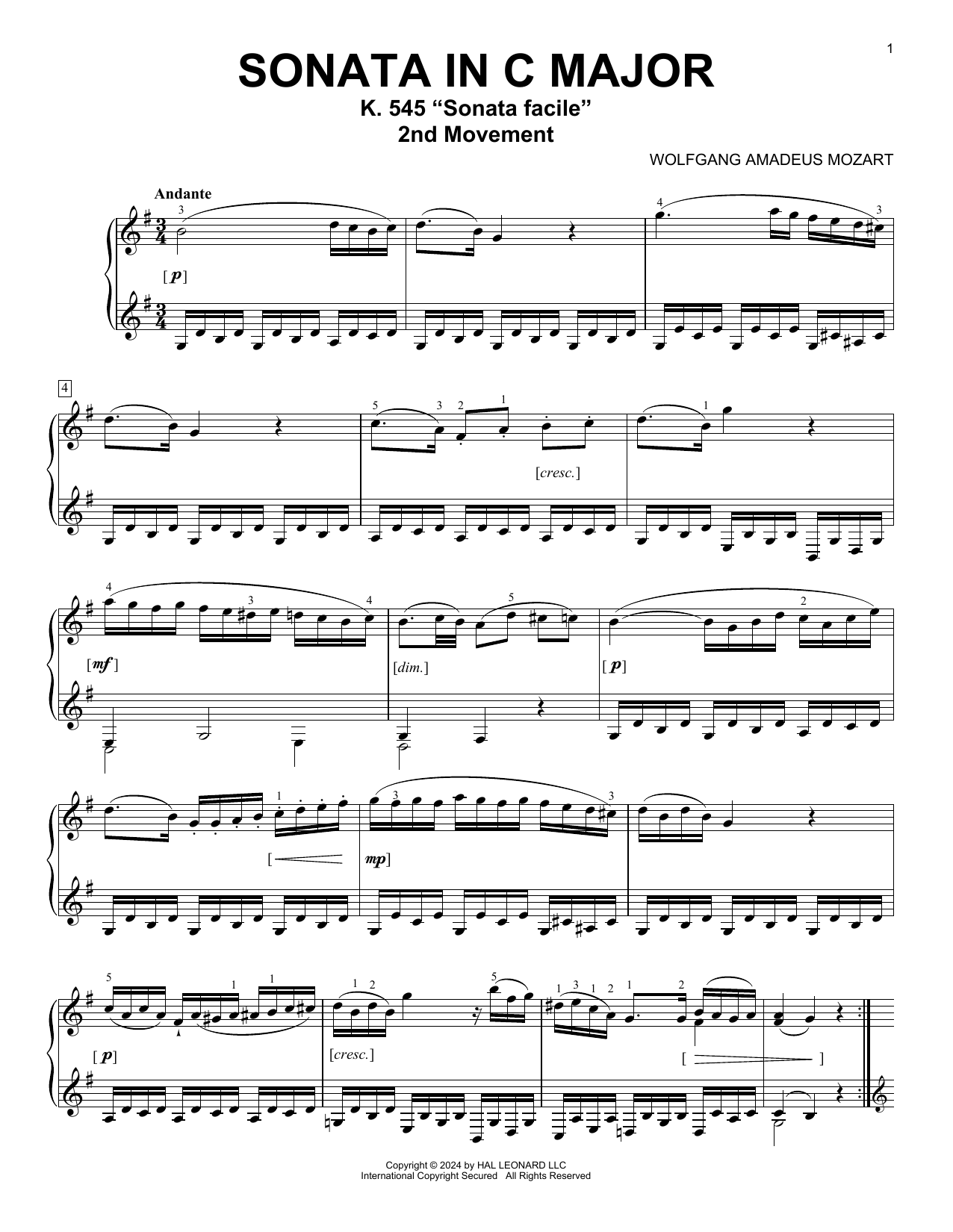 Download Wolfgang Amadeus Mozart Andante In G Major, K. 545 Sheet Music and learn how to play Piano Solo PDF digital score in minutes