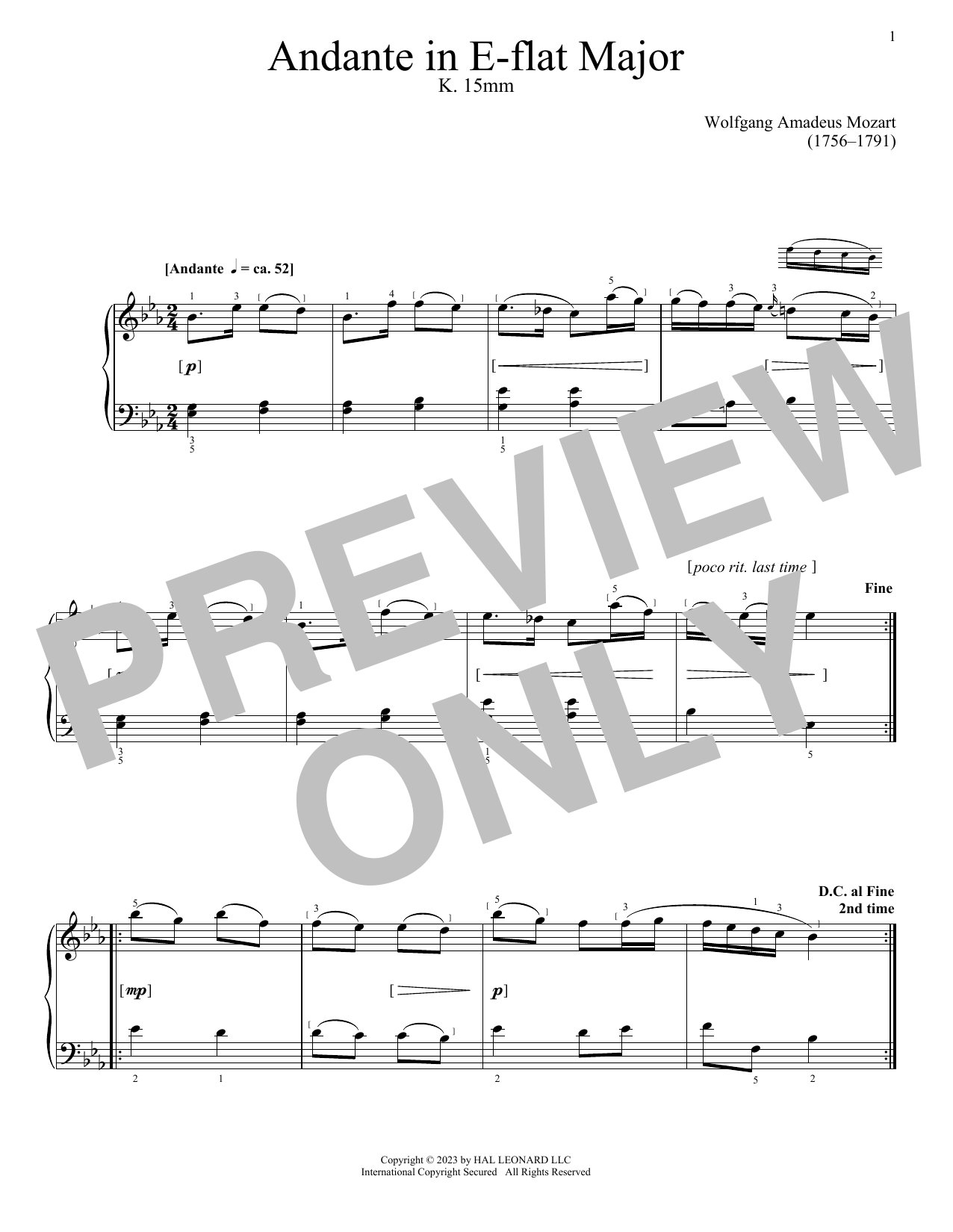 Download Wolfgang Amadeus Mozart Andante, K. 15mm Sheet Music and learn how to play Piano Solo PDF digital score in minutes