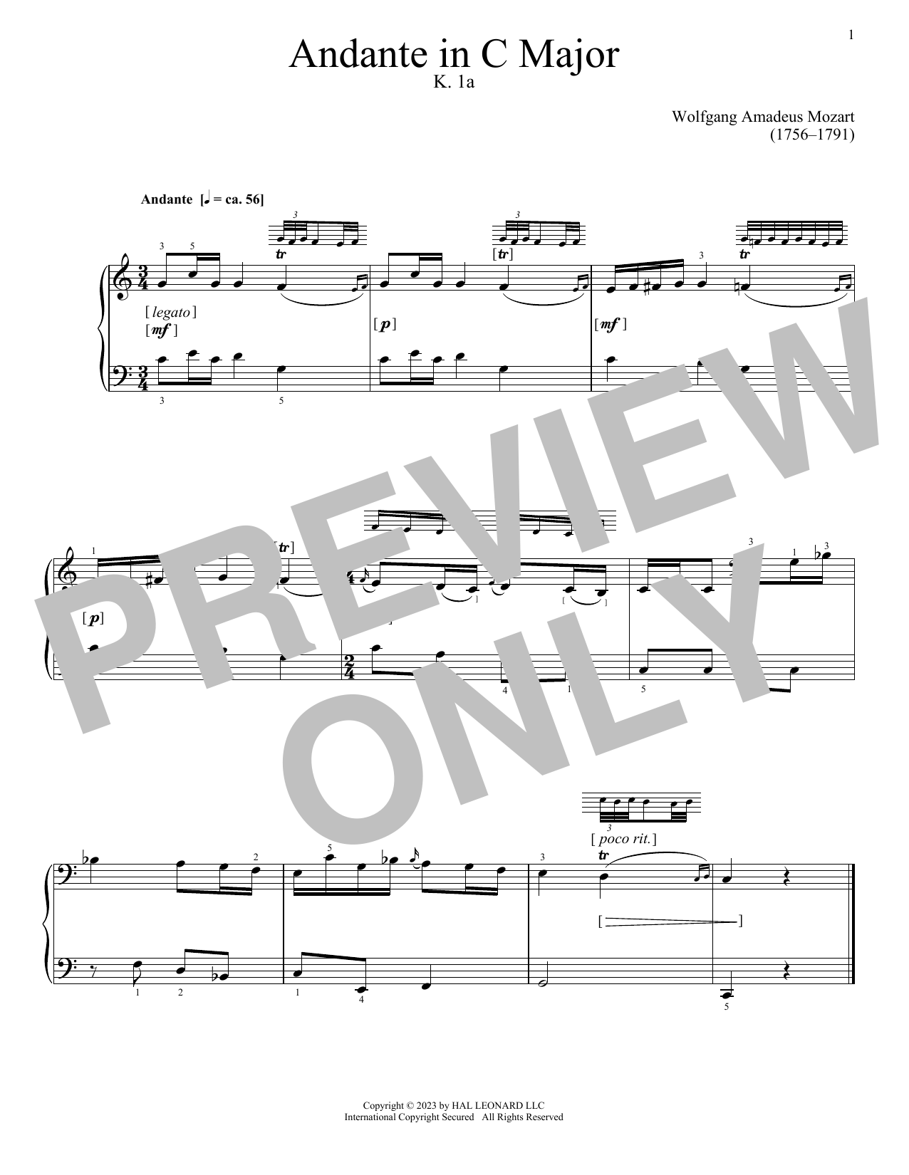 Download Wolfgang Amadeus Mozart Andante, K. 1A Sheet Music and learn how to play Piano Solo PDF digital score in minutes