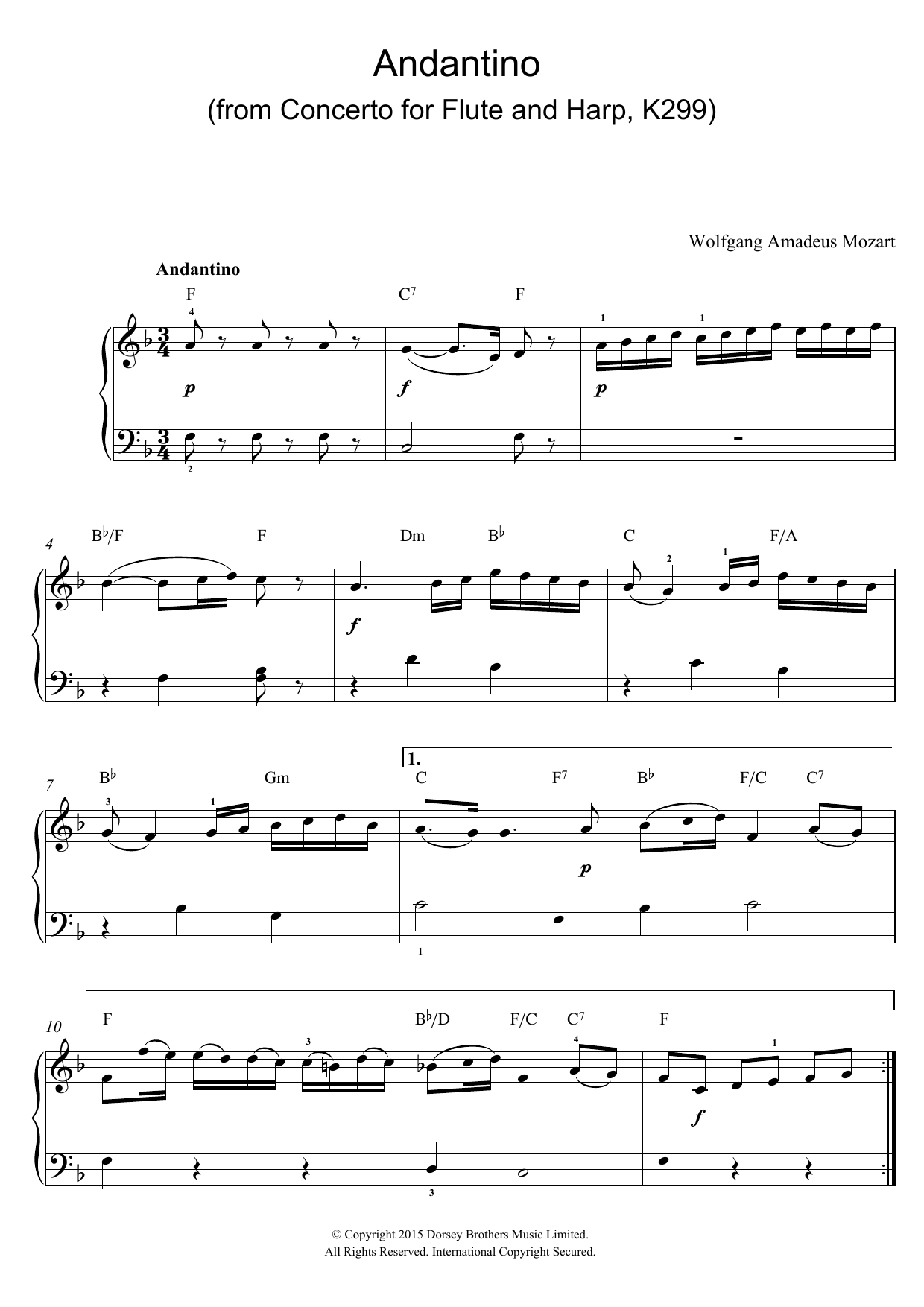 Download Wolfgang Amadeus Mozart Andantino (from Concerto for Flute and Harp, K299) Sheet Music and learn how to play Beginner Piano PDF digital score in minutes