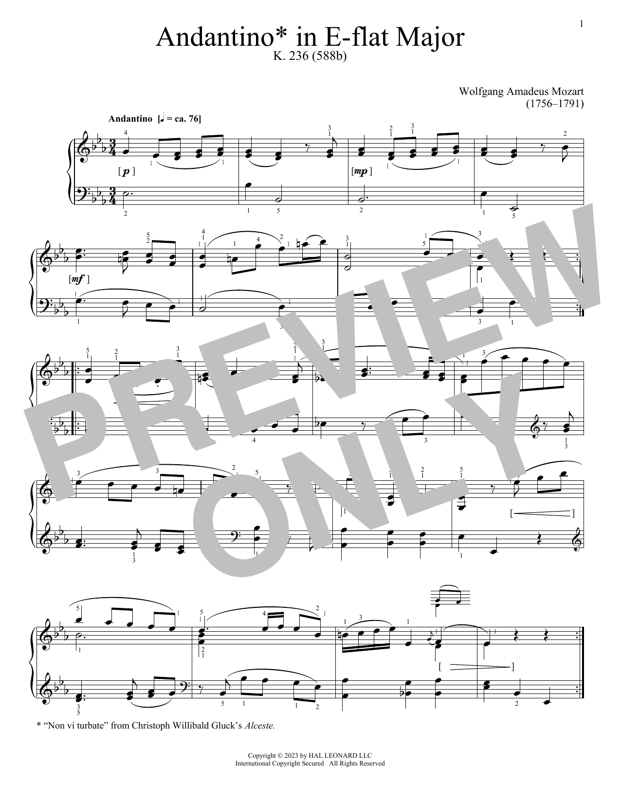 Download Wolfgang Amadeus Mozart Andantino In E Flat Sheet Music and learn how to play Piano Solo PDF digital score in minutes