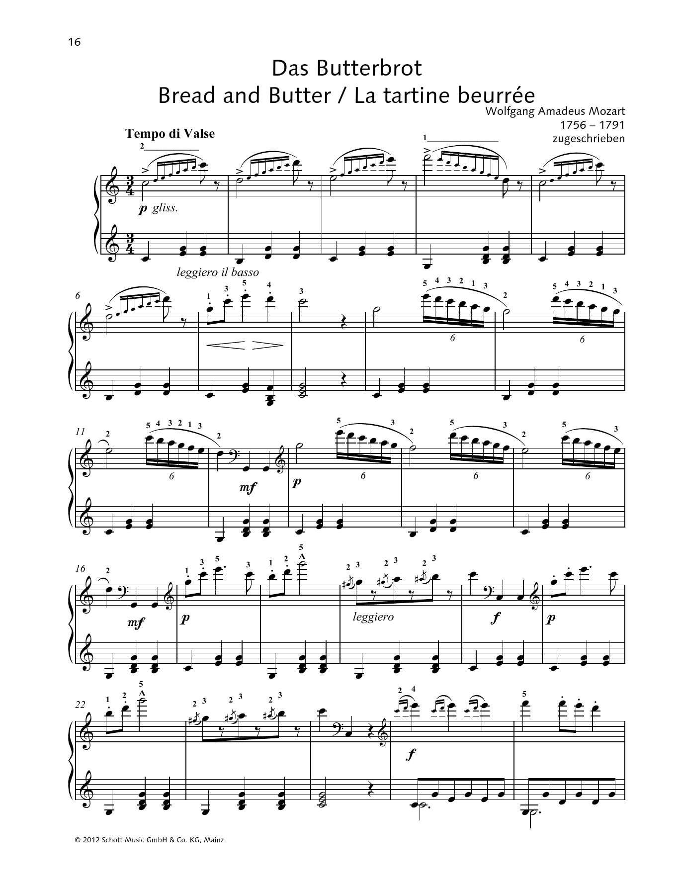 Download Wolfgang Amadeus Mozart Bread and Butter Sheet Music and learn how to play Piano Solo PDF digital score in minutes