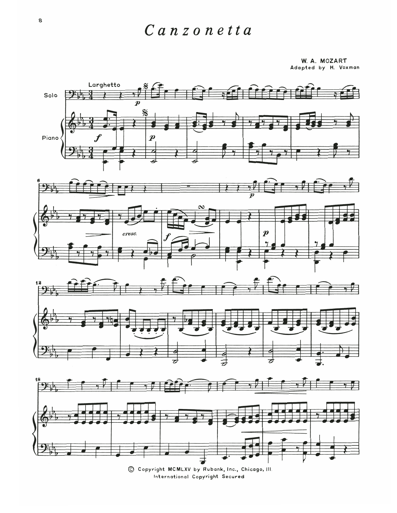 Download Wolfgang Amadeus Mozart Canzonetta Sheet Music and learn how to play Trombone and Piano PDF digital score in minutes