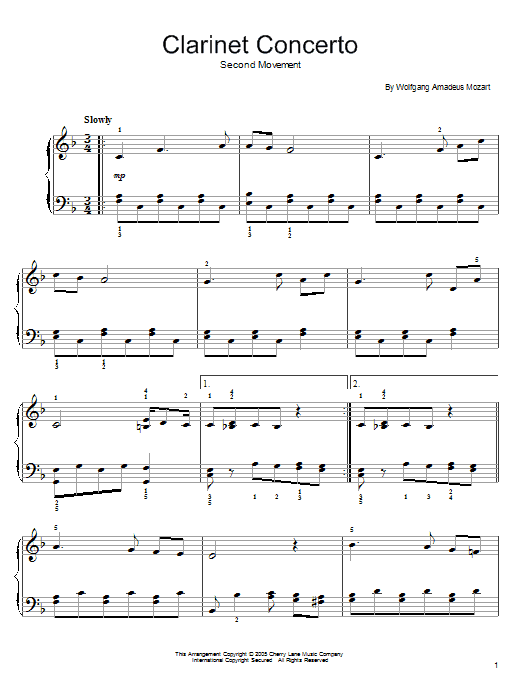 Download Wolfgang Amadeus Mozart Slow Movement Theme (from Clarinet Concerto K622) Sheet Music and learn how to play Easy Piano PDF digital score in minutes