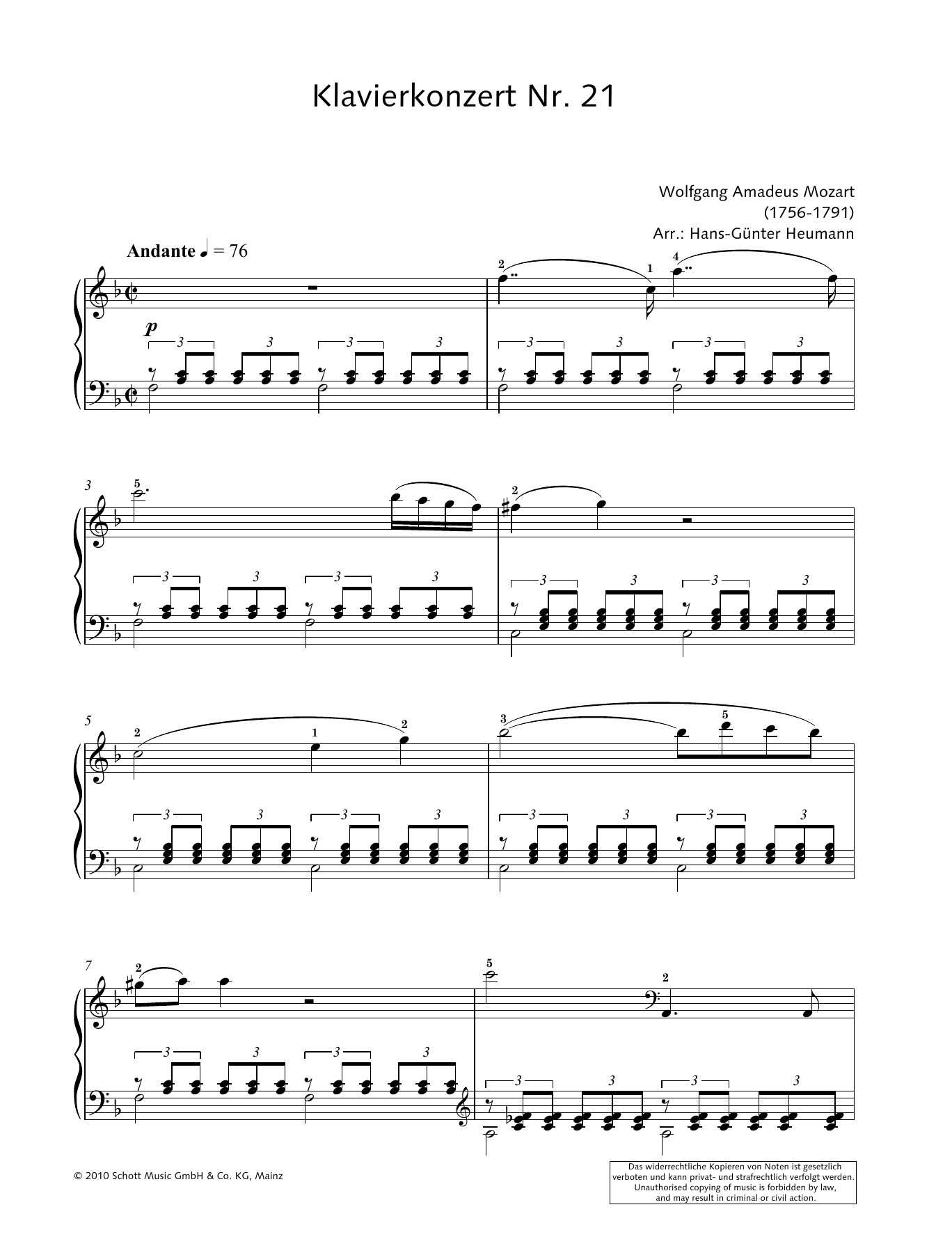 Download Wolfgang Amadeus Mozart Concerto for Piano and Orchestra No. 21 in C major Sheet Music and learn how to play Piano Solo PDF digital score in minutes