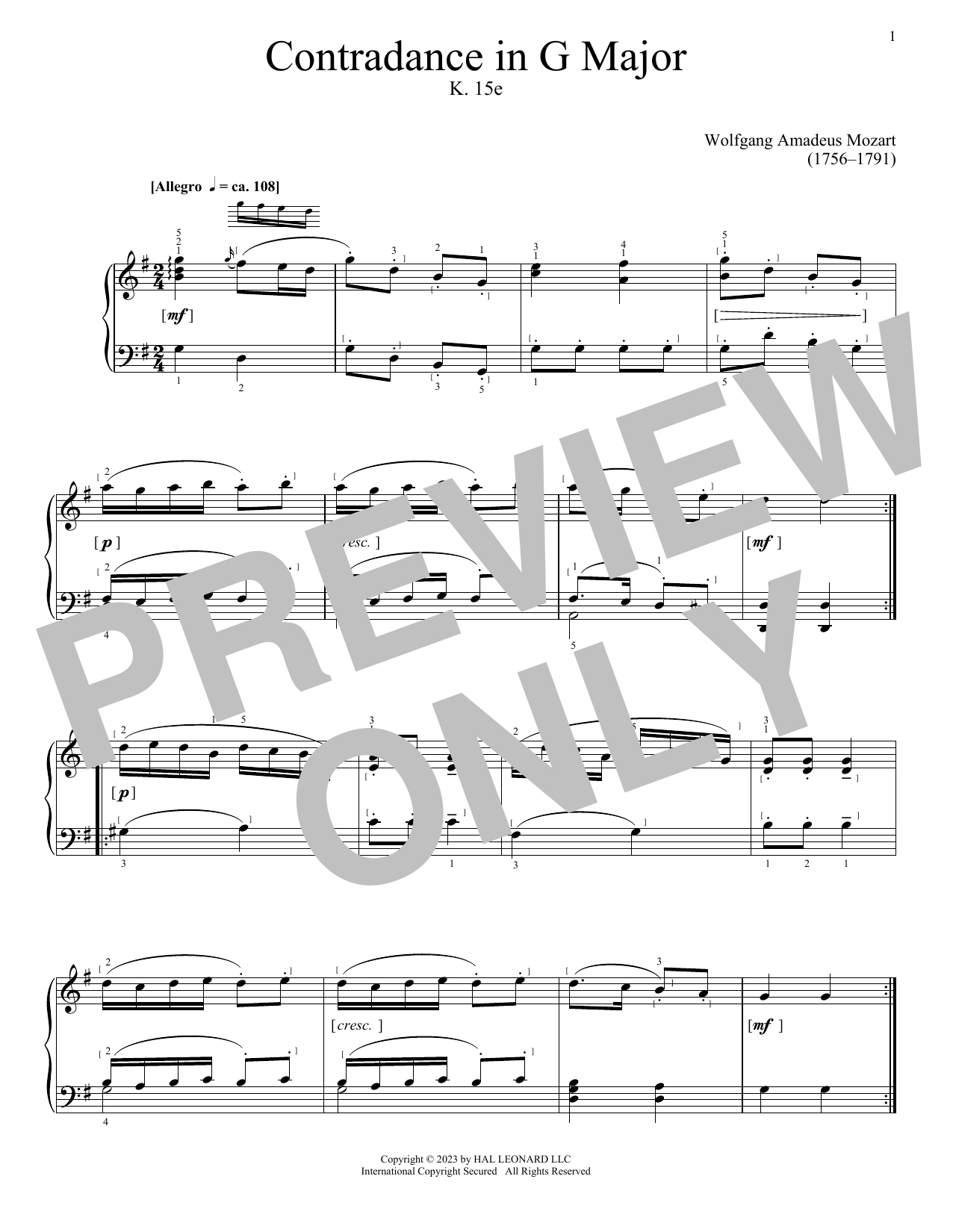 Download Wolfgang Amadeus Mozart Contradance In G Major, K. 15e Sheet Music and learn how to play Piano Solo PDF digital score in minutes