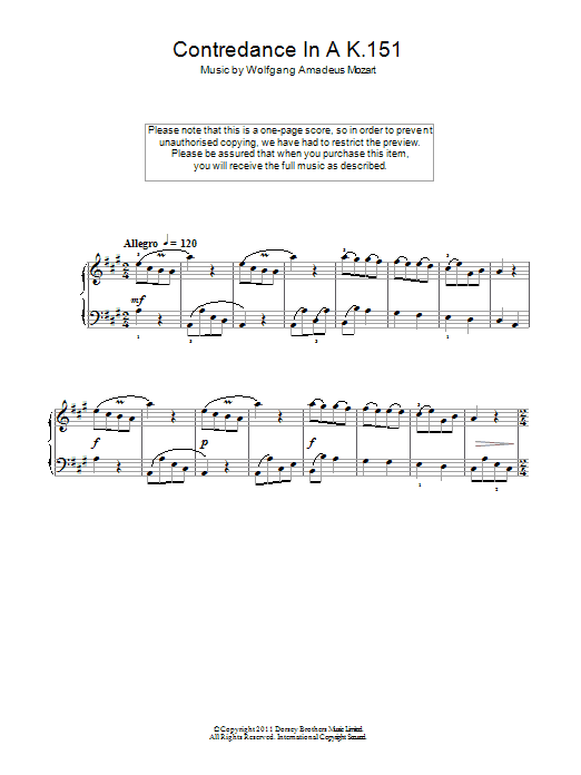 Download Wolfgang Amadeus Mozart Contredance In A K.151 Sheet Music and learn how to play Easy Piano PDF digital score in minutes