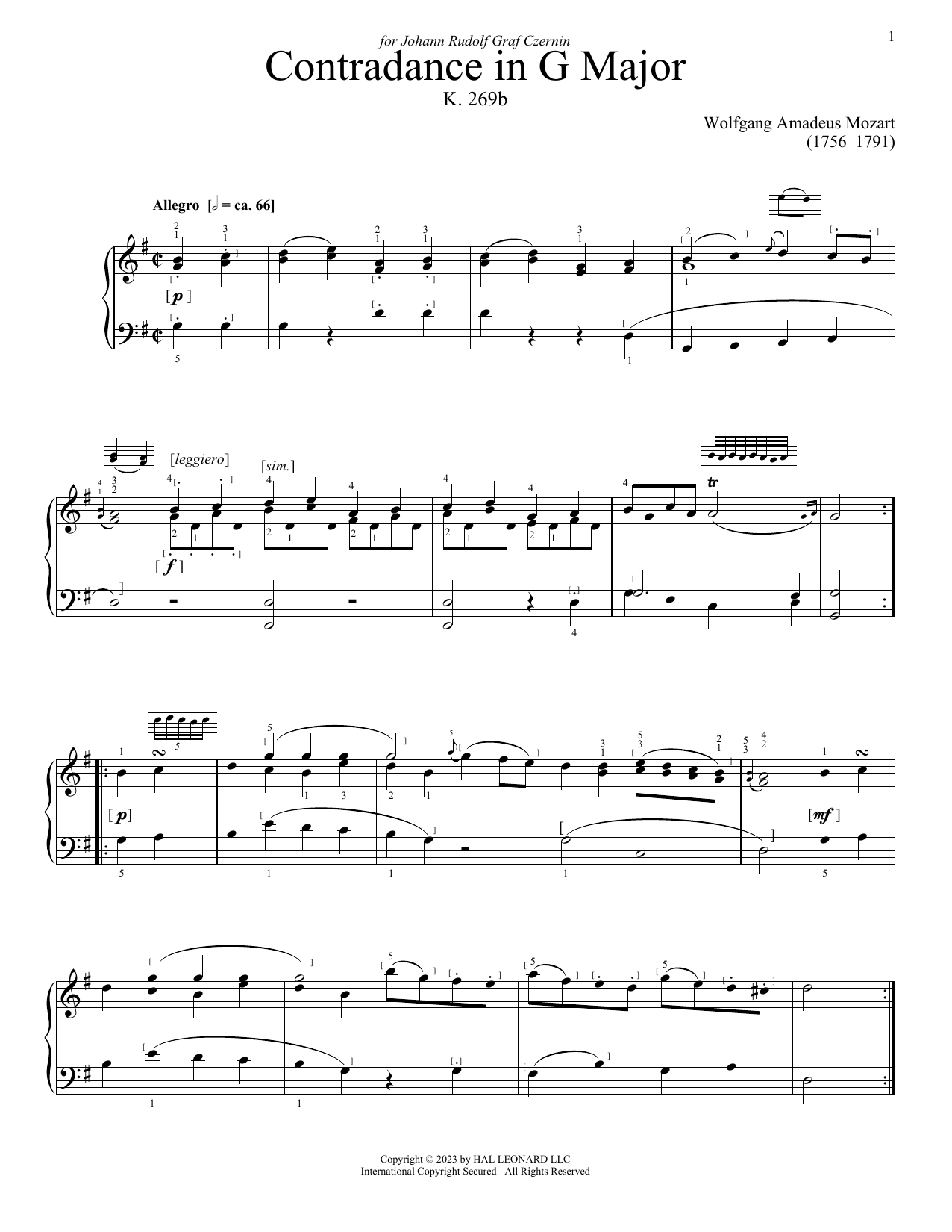 Download Wolfgang Amadeus Mozart Contredance Sheet Music and learn how to play Piano Solo PDF digital score in minutes