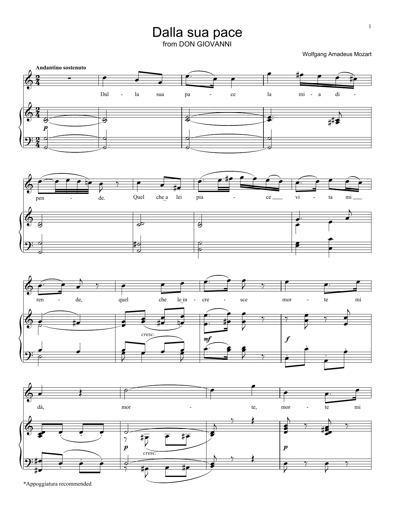 Download Wolfgang Amadeus Mozart Dalla Sua Pace Sheet Music and learn how to play Piano, Vocal & Guitar (Right-Hand Melody) PDF digital score in minutes