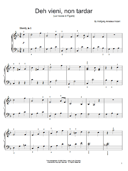 Download Wolfgang Amadeus Mozart Deh Vieni, Non Tardar (from Le Nozze di Figaro) Sheet Music and learn how to play Easy Piano PDF digital score in minutes