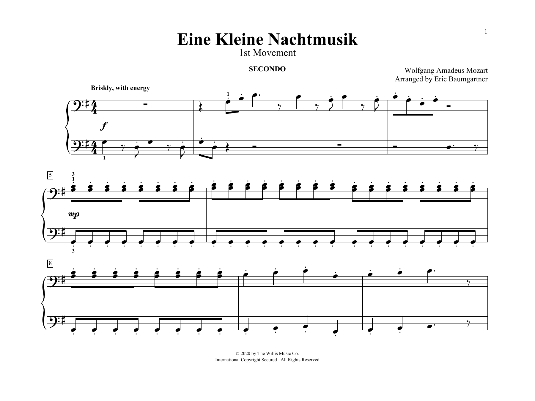 Download Wolfgang Amadeus Mozart Eine Kleine Nachtmusik (1st Movement) (arr. Eric Baumgartner) Sheet Music and learn how to play Piano Duet PDF digital score in minutes