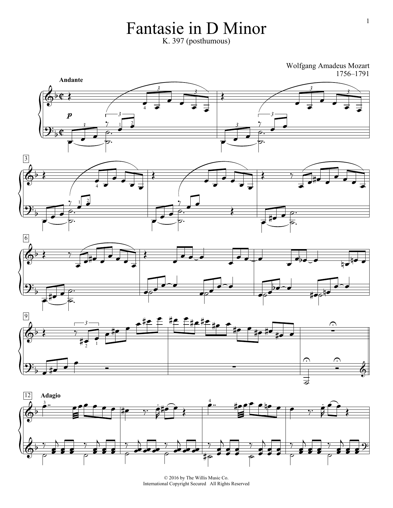 Download Wolfgang Amadeus Mozart Fantasie In D Minor, K. 397 Sheet Music and learn how to play Educational Piano PDF digital score in minutes