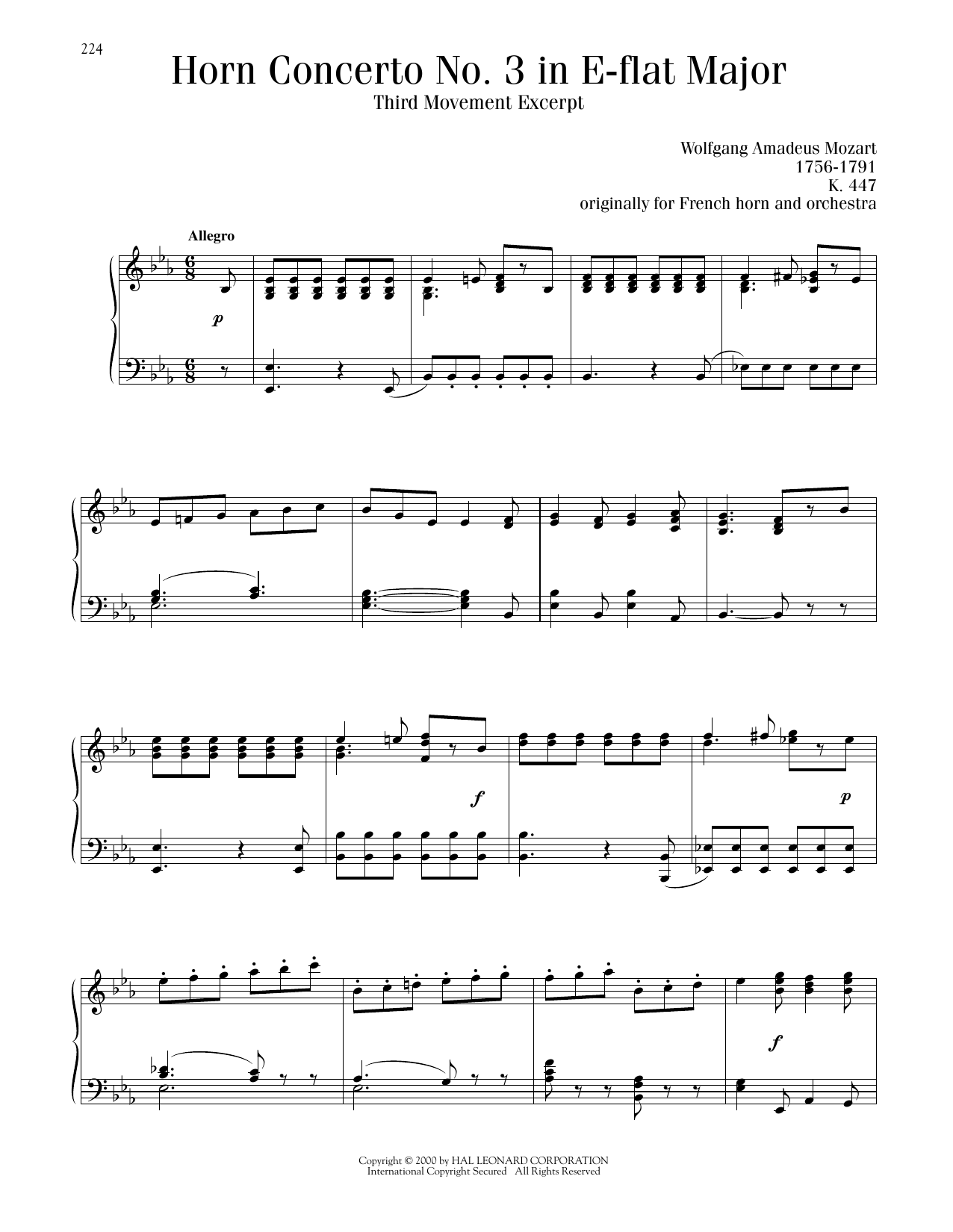 Download Wolfgang Amadeus Mozart Horn Concerto No. 3, Third Movement Excerpt Sheet Music and learn how to play Piano Solo PDF digital score in minutes