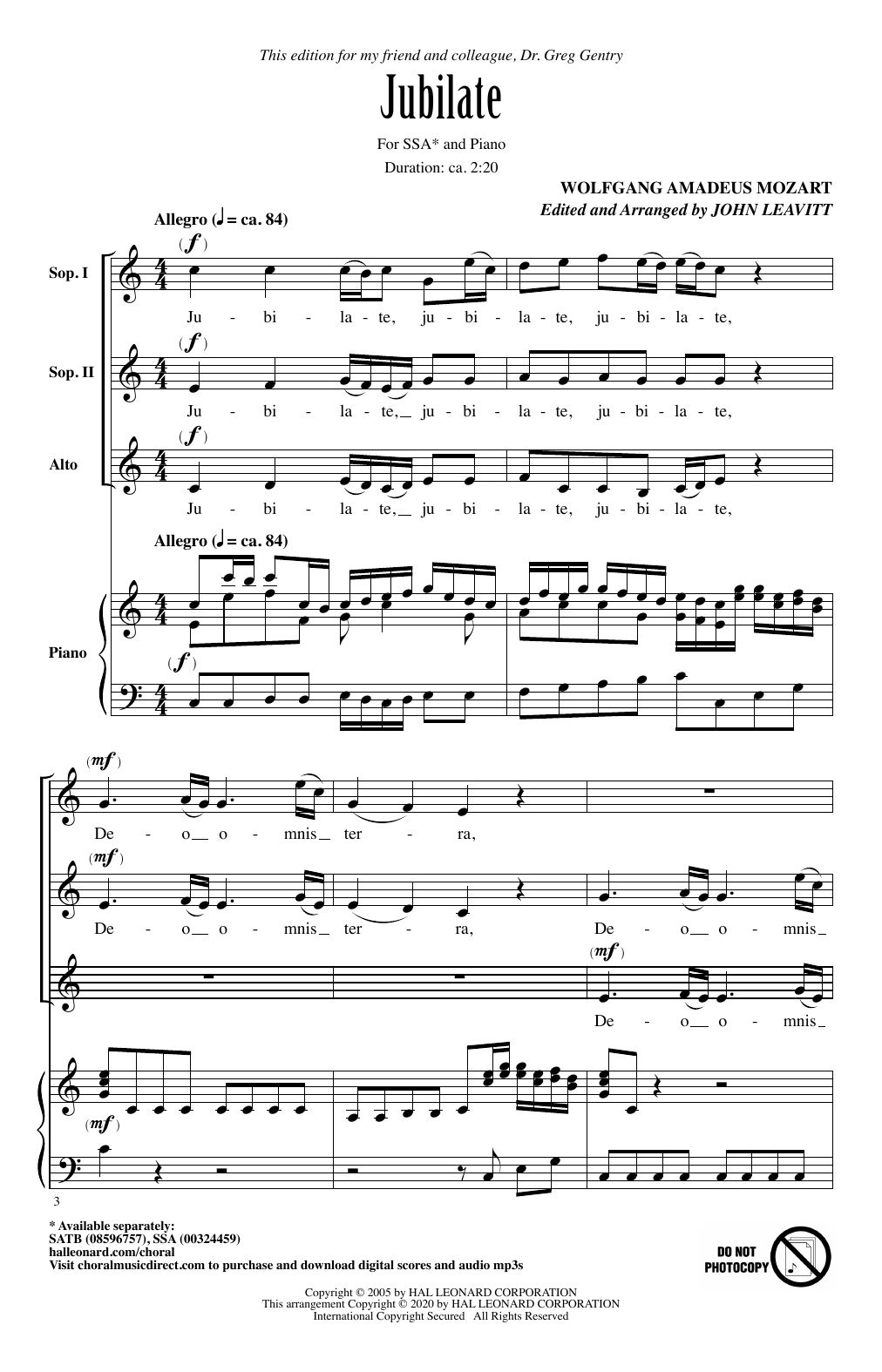 Download Wolfgang Amadeus Mozart Jubilate (arr. John Leavitt) Sheet Music and learn how to play SSA Choir PDF digital score in minutes